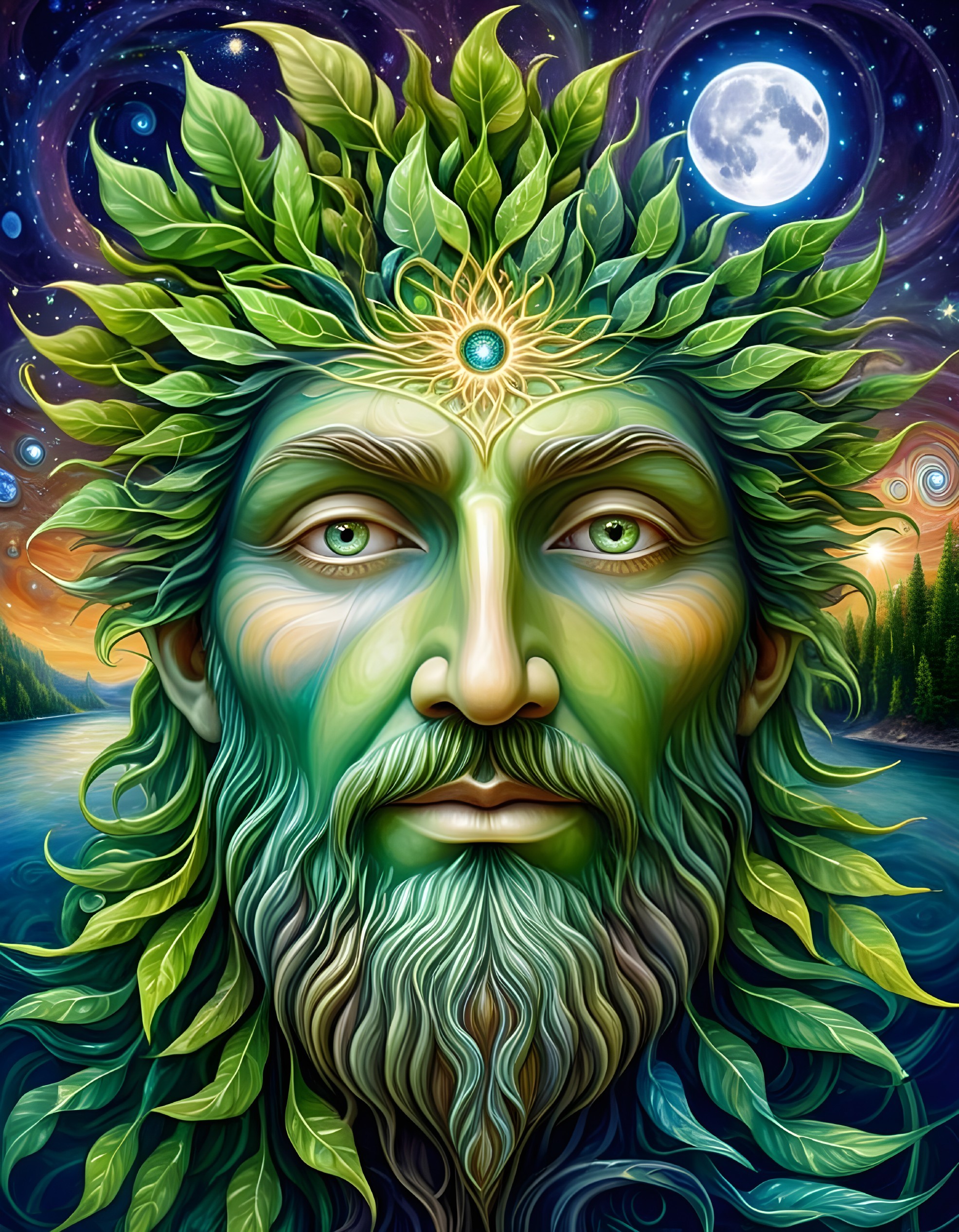 Mystical Green-Faced Figure Surrounded by Nature Elements