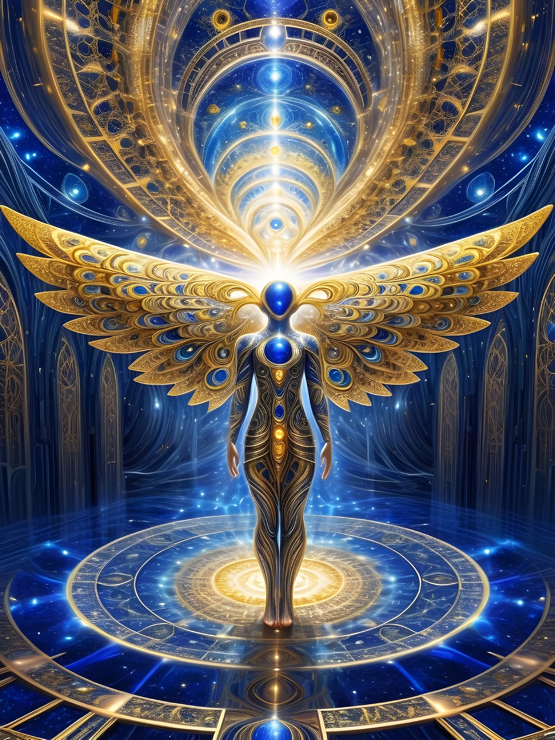 Radiant Figure with Golden Wings in Cosmic Setting
