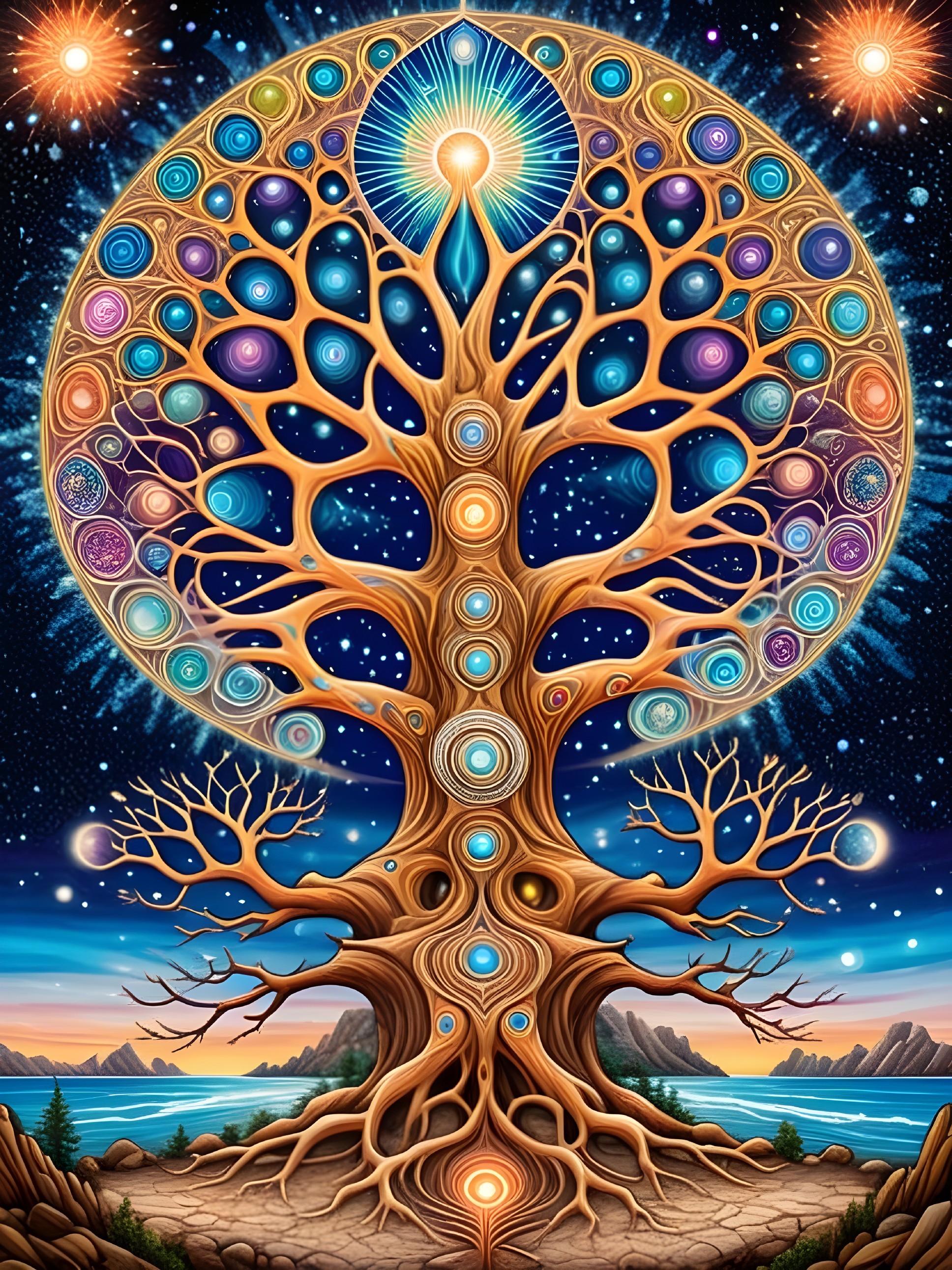 Intricate tree with colorful orbs and cosmic patterns