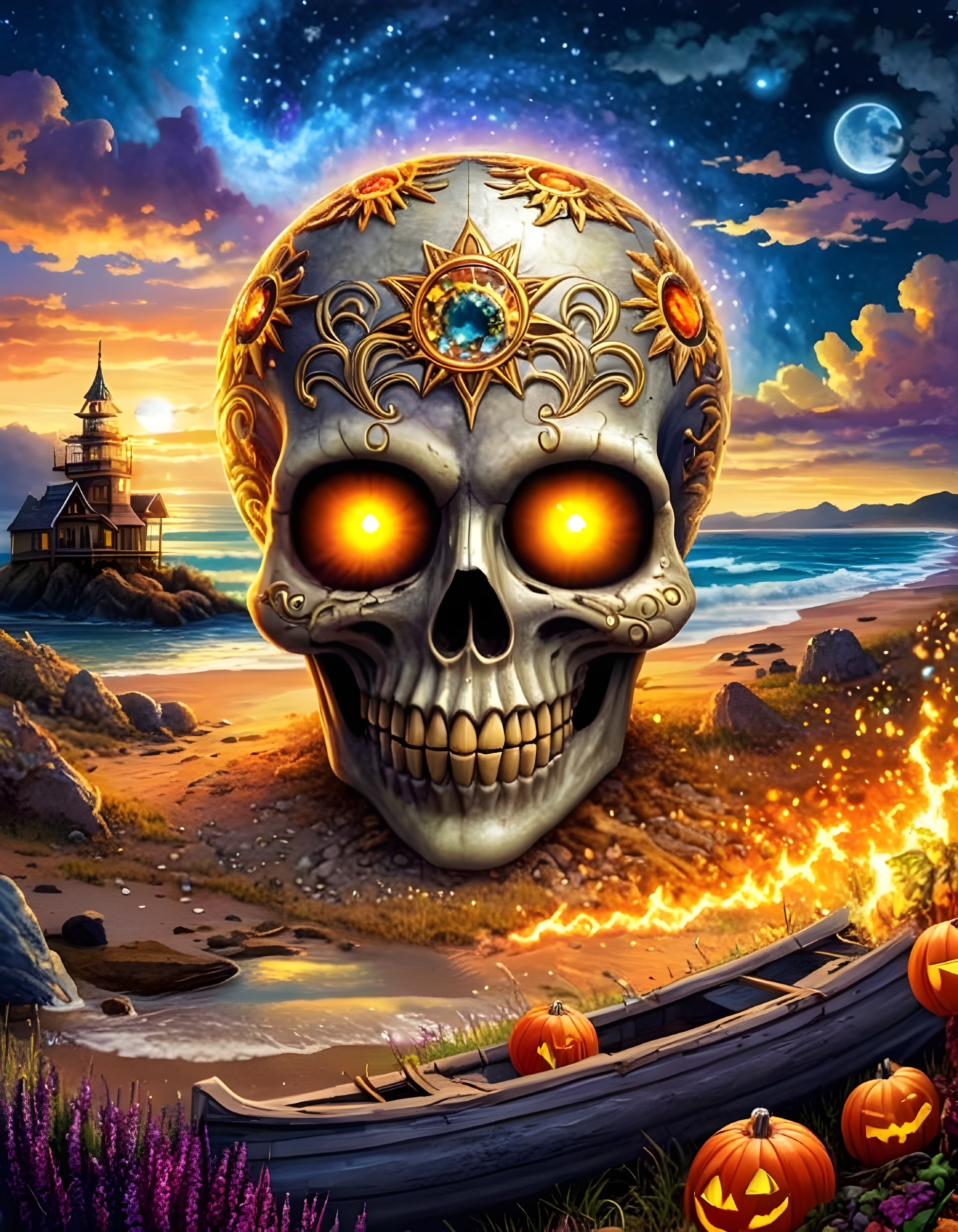 Ornate skull with glowing eyes on a sunset beach scene