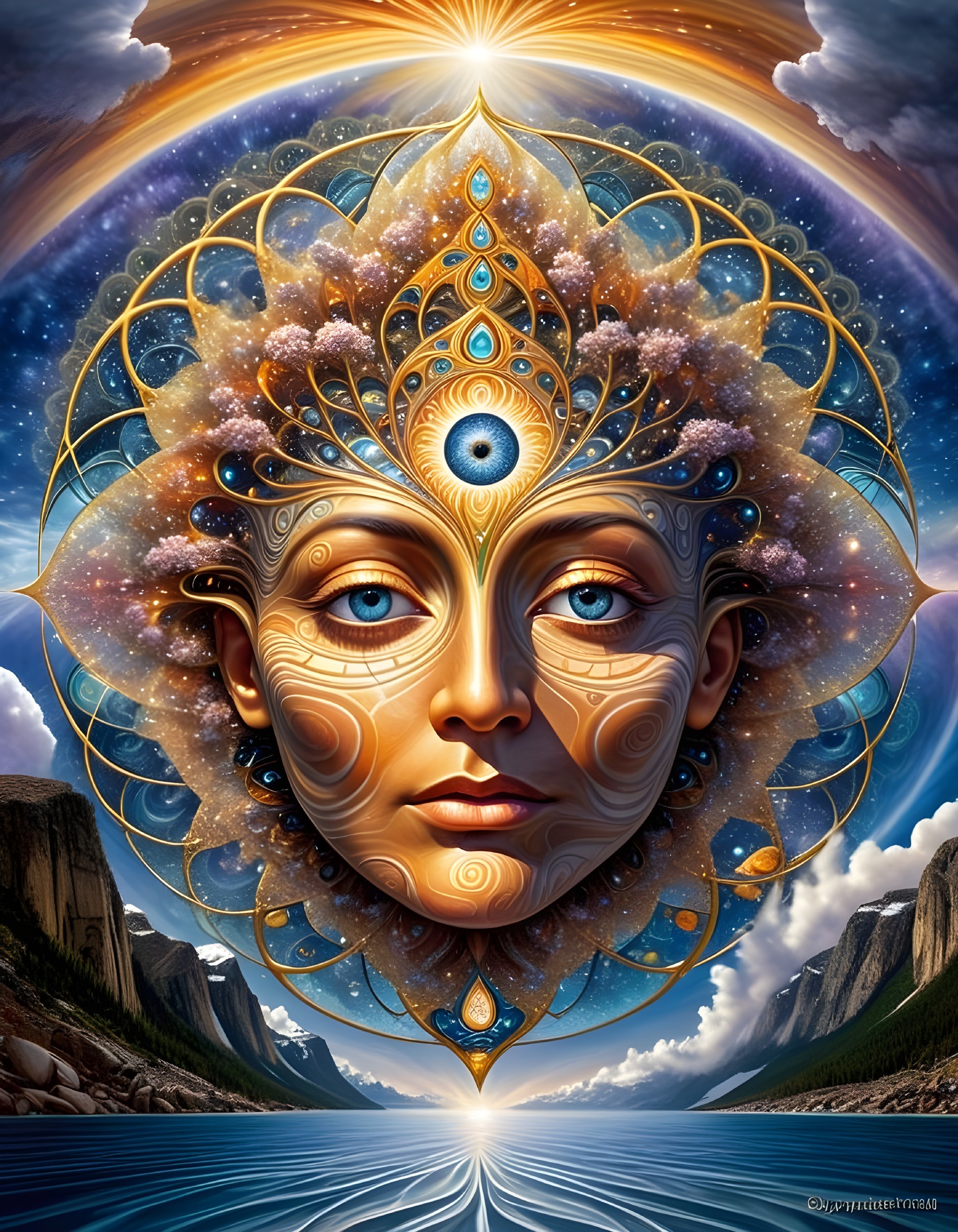 Ethereal Woman's Face with Cosmic Patterns and Landscape