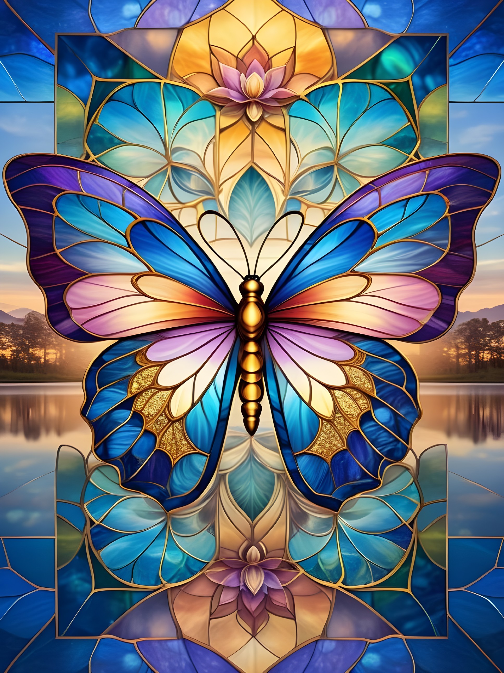 Stained Glass Artwork with Butterfly and Floral Patterns
