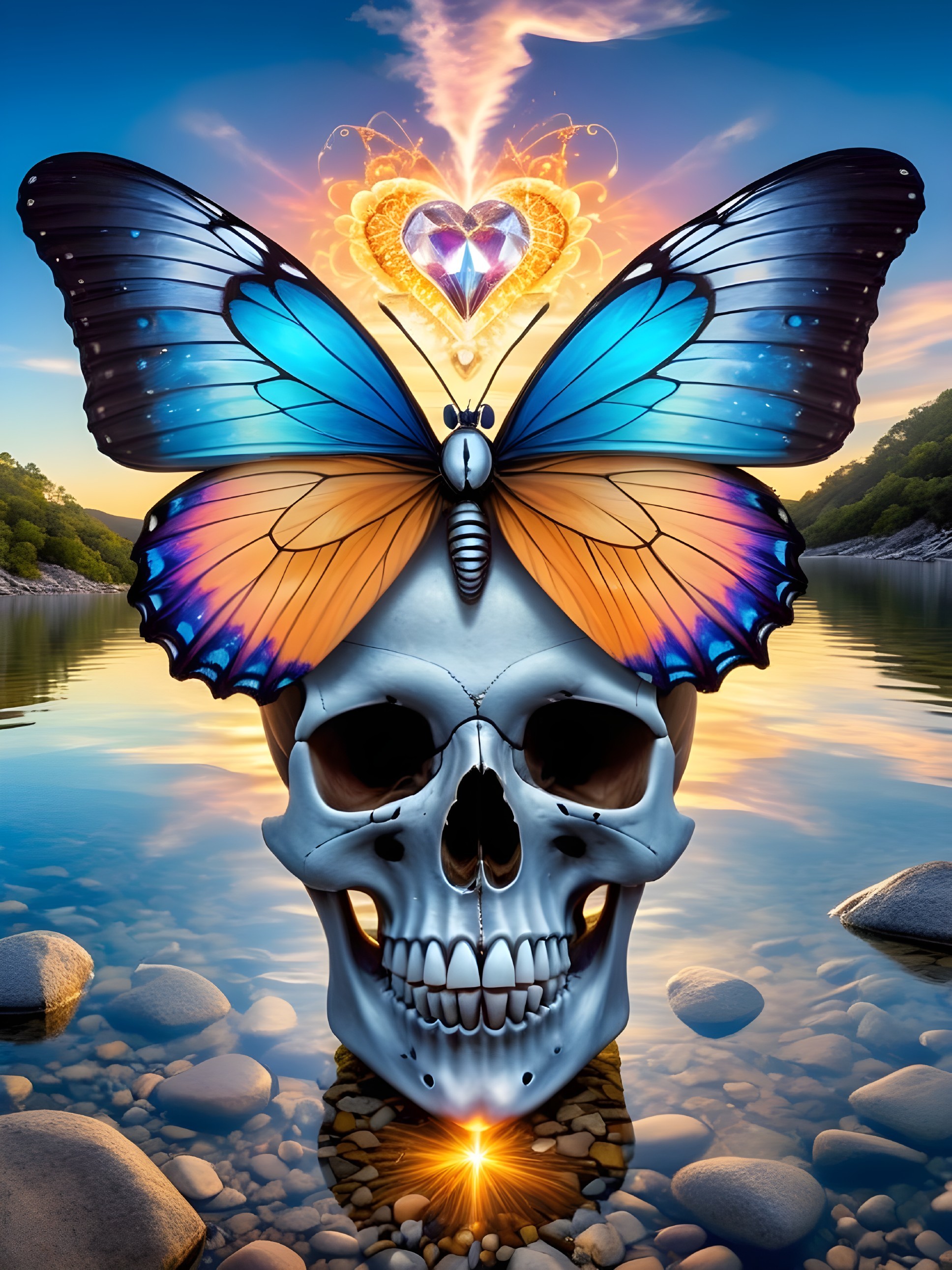 Skull and Heart at Lakeshore During Sunset