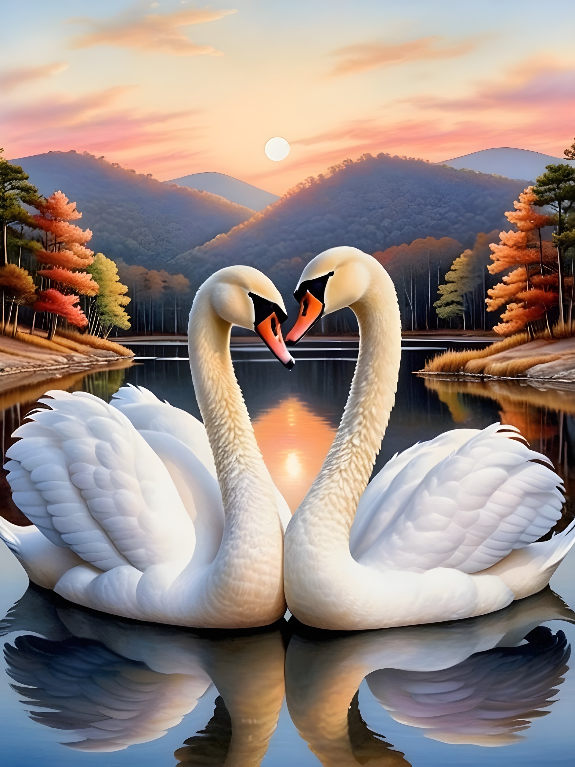 Swans Form Heart Shape on Tranquil Lake at Sunset