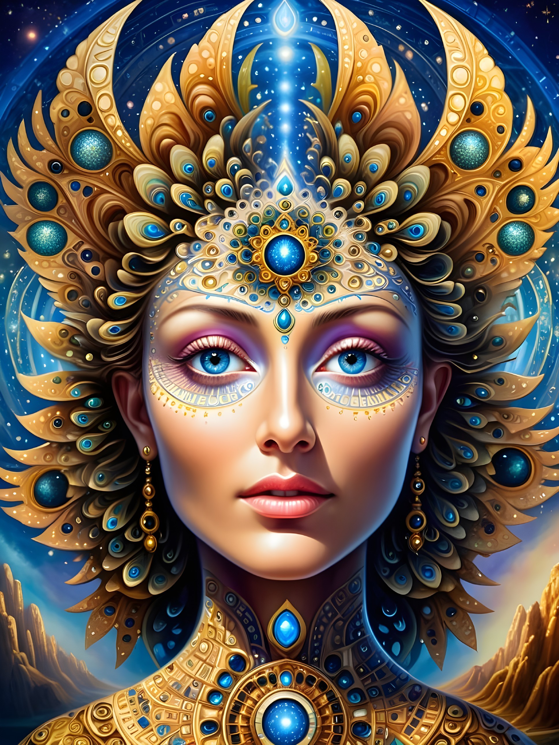 Ethereal Woman with Golden Patterns and Starry Background
