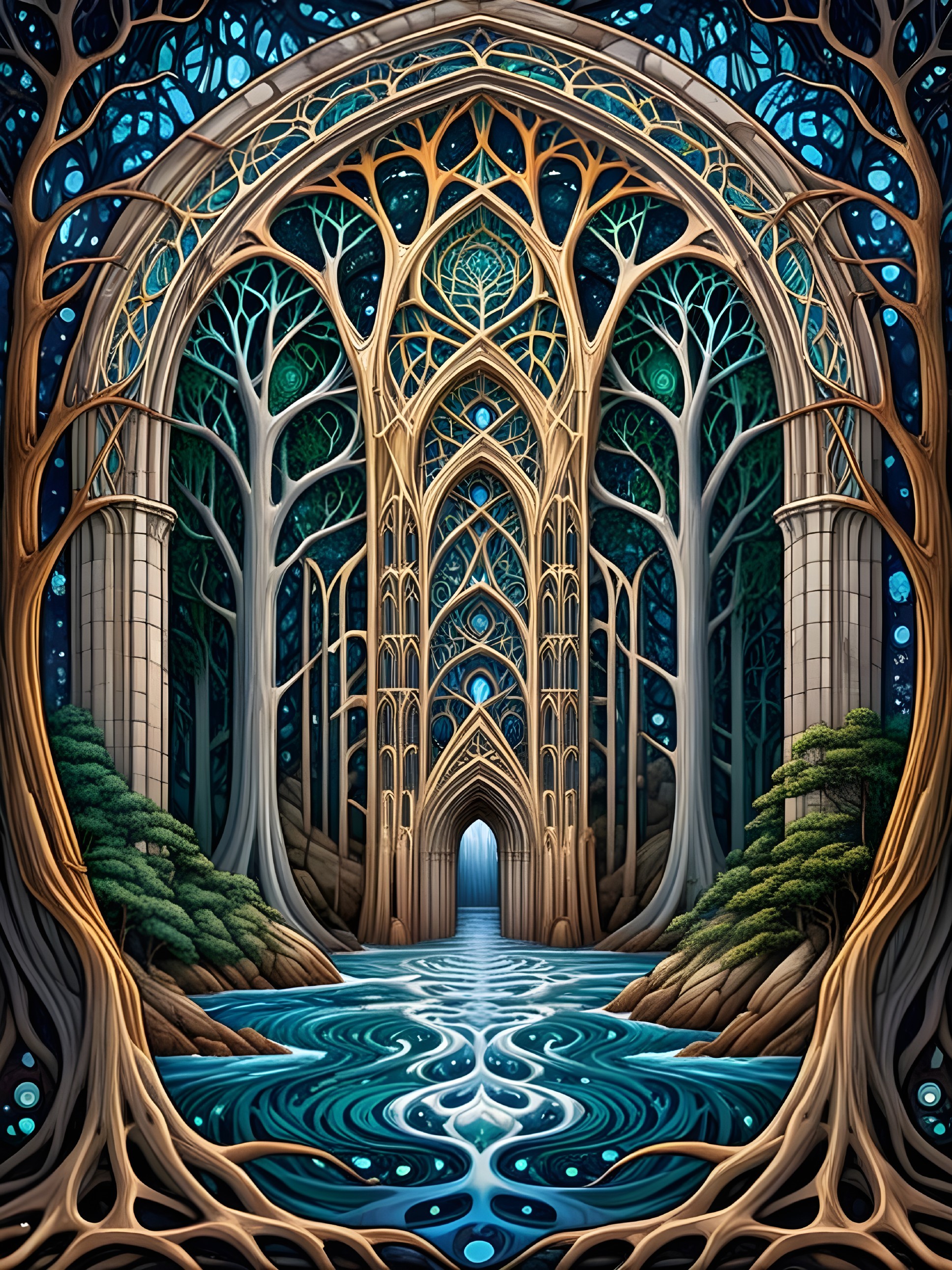 Mystical Forest with Cathedral-Like Trees and River