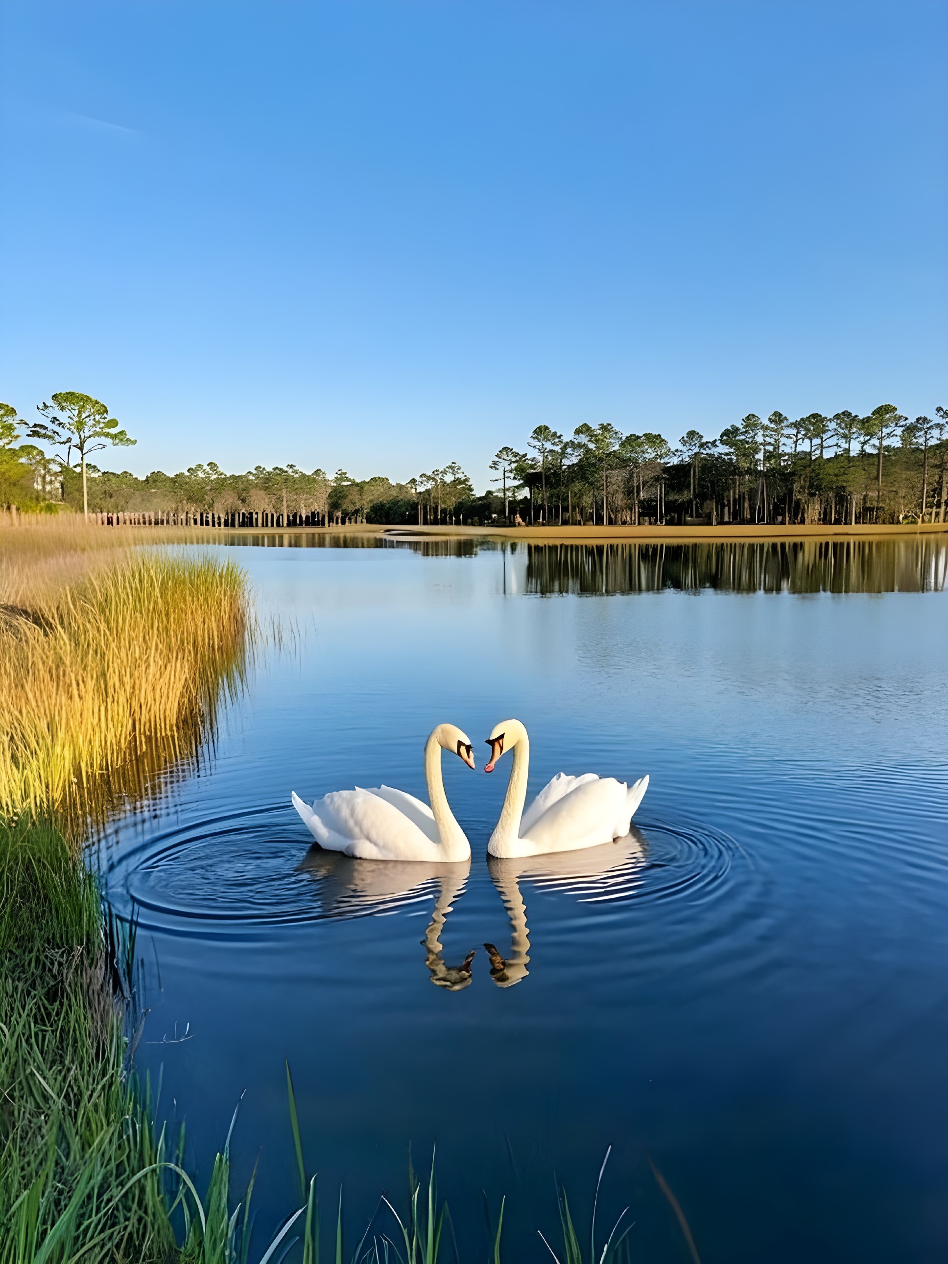 Swans Swimming on a Calm Lake with Scenic Surroundings