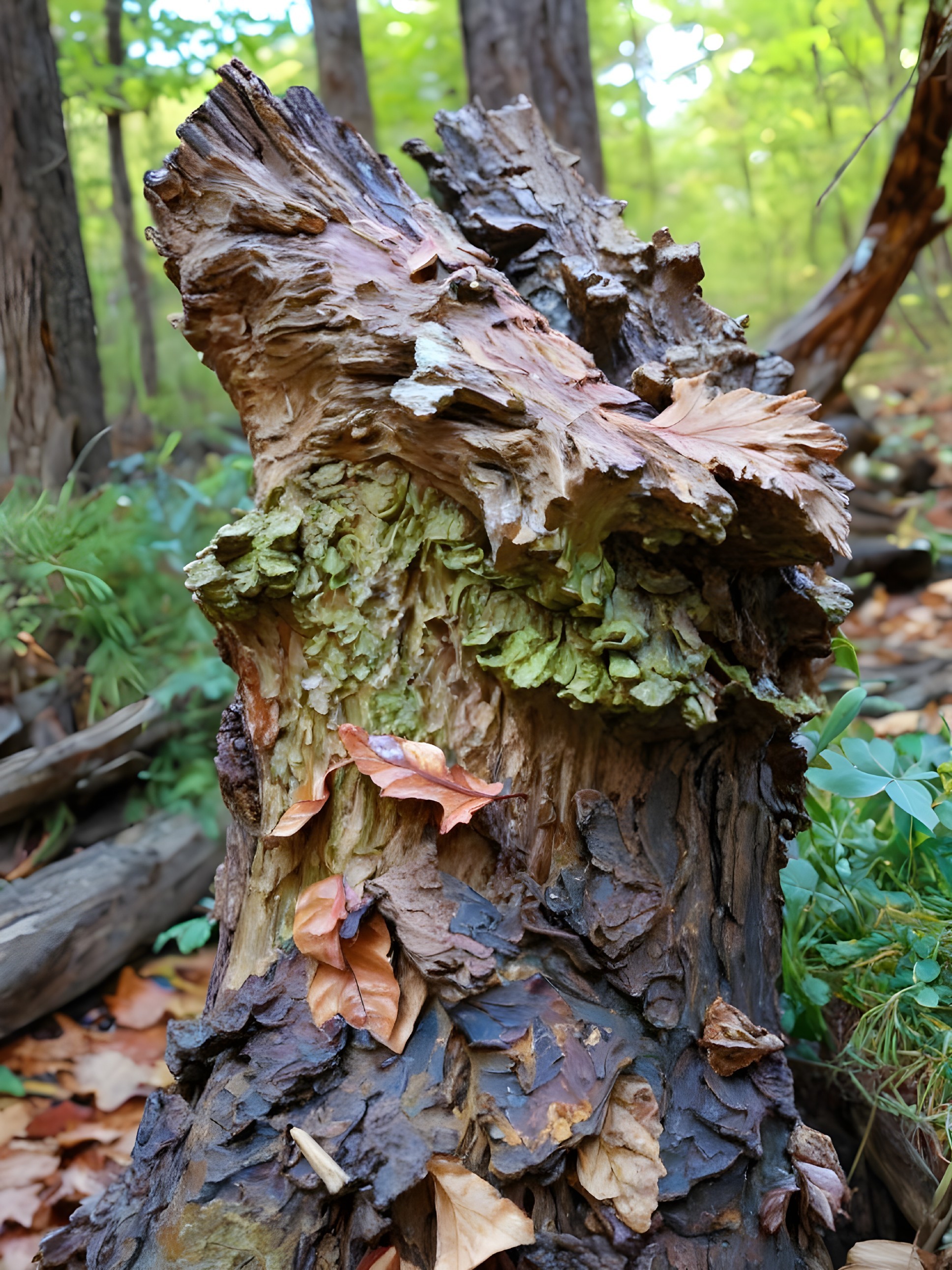 Weathered Tree Stump with Moss and Leaves in Forest