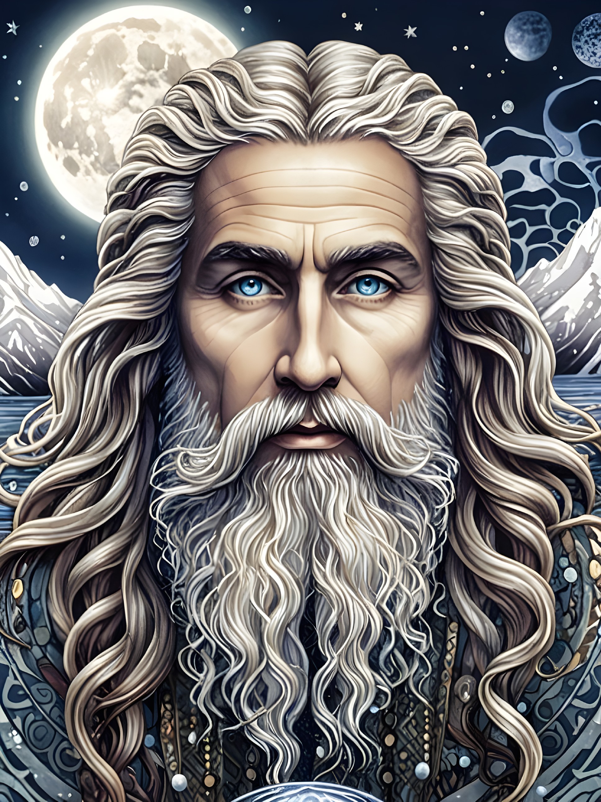 Majestic figure with silver hair in a mystical landscape