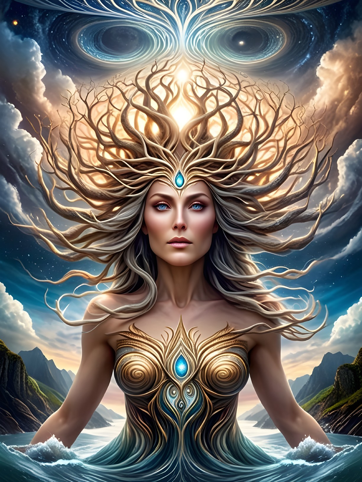 Mystical Figure Rising from Serene Waters with Nature's Essence