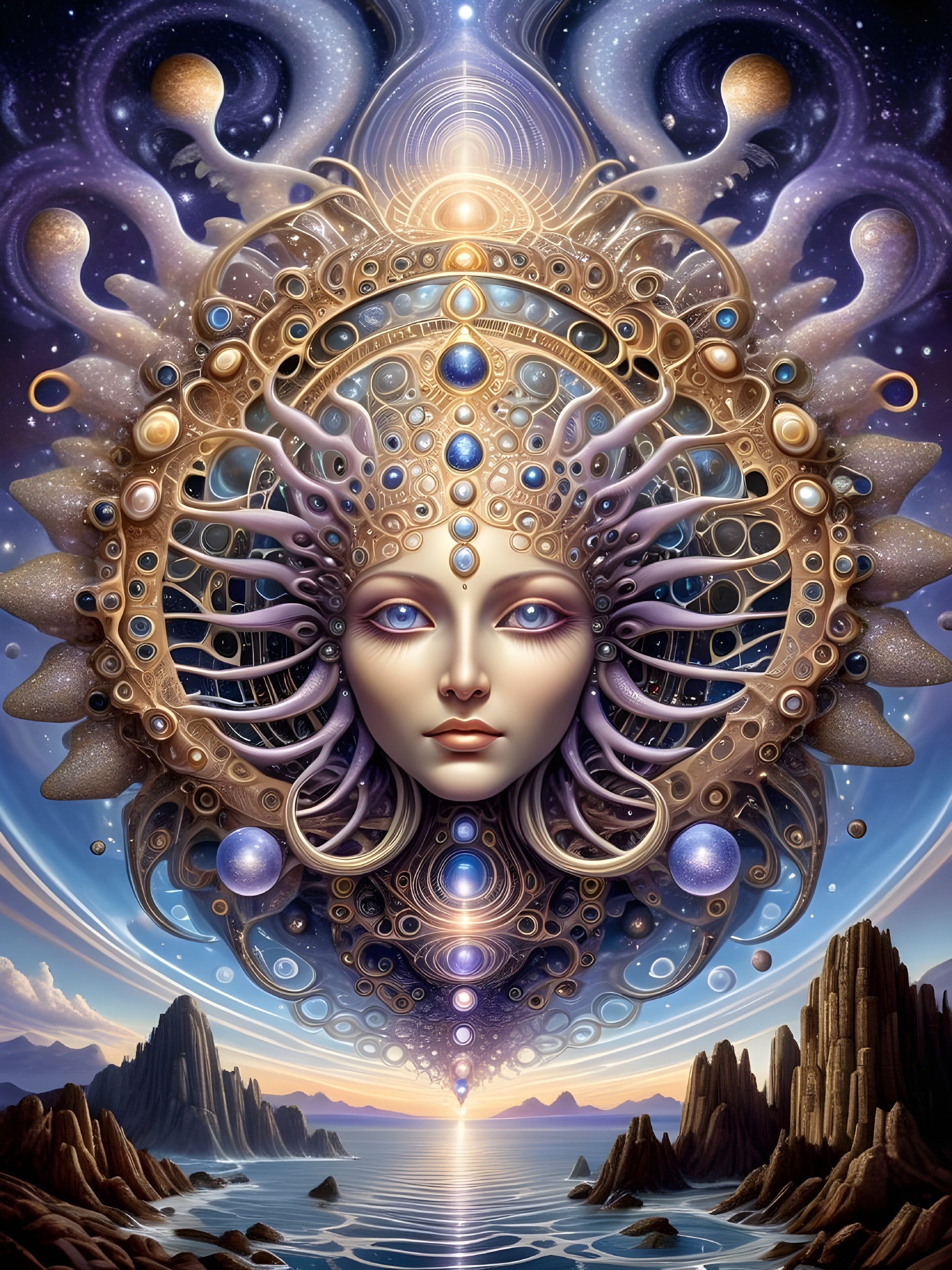 Surreal Design with Ethereal Face and Cosmic Patterns