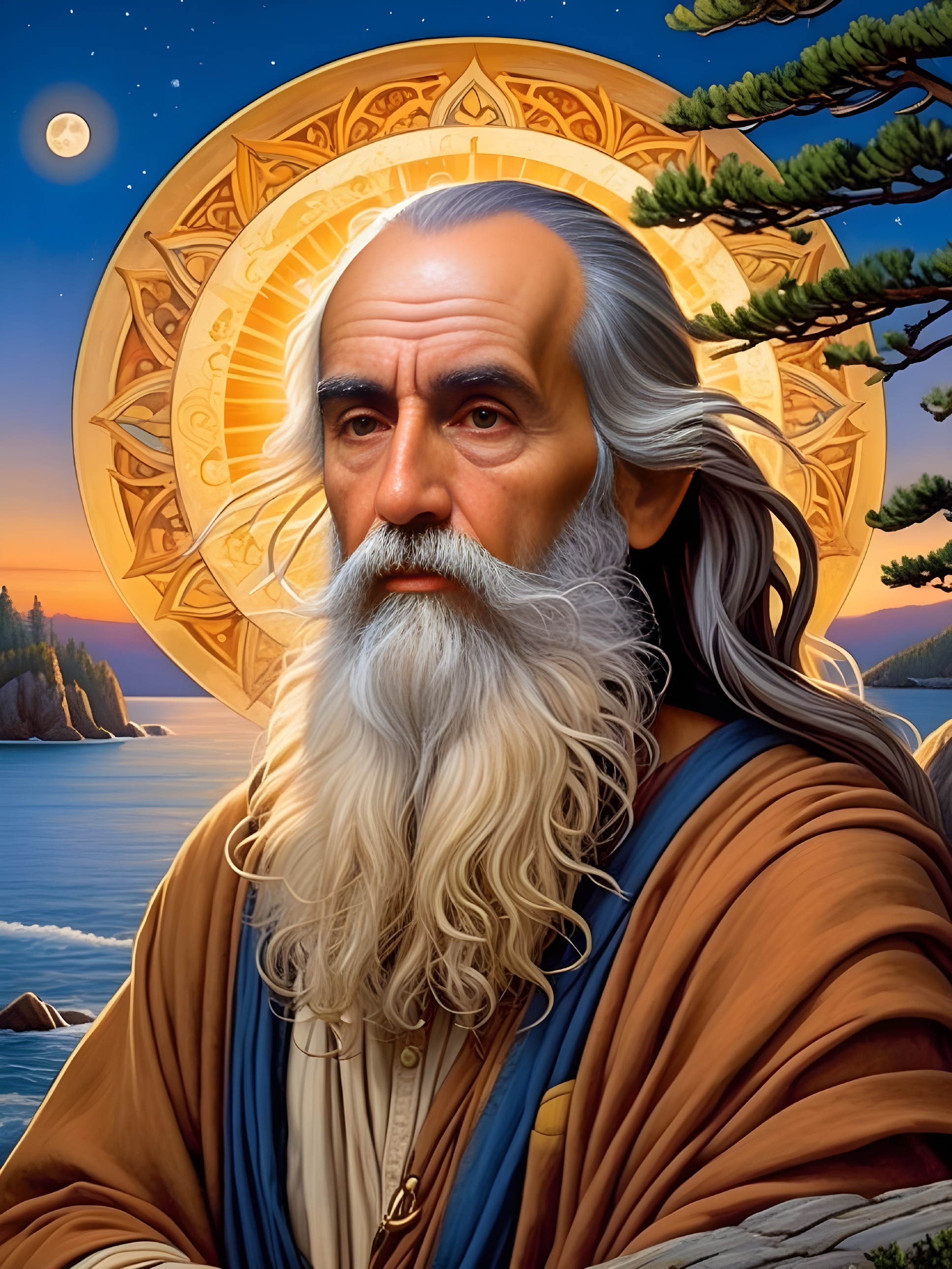 Serene figure with flowing beard in natural setting