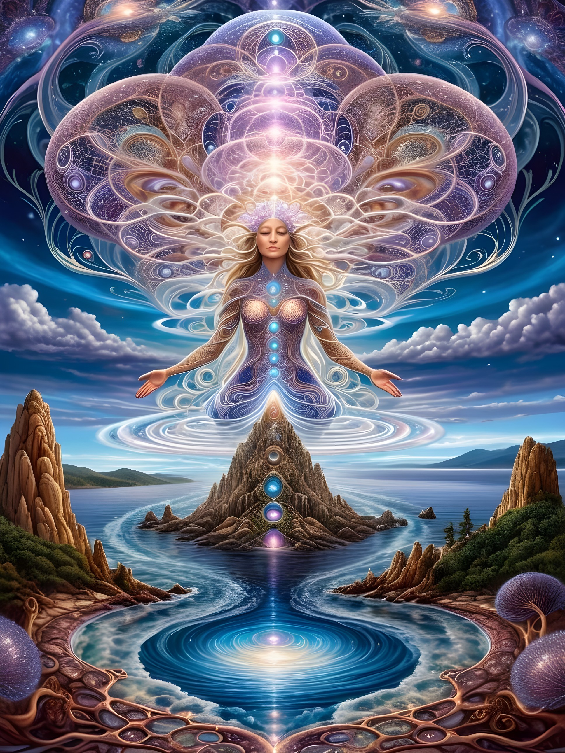 Surreal Scene of Luminescent Feminine Figure Above Water