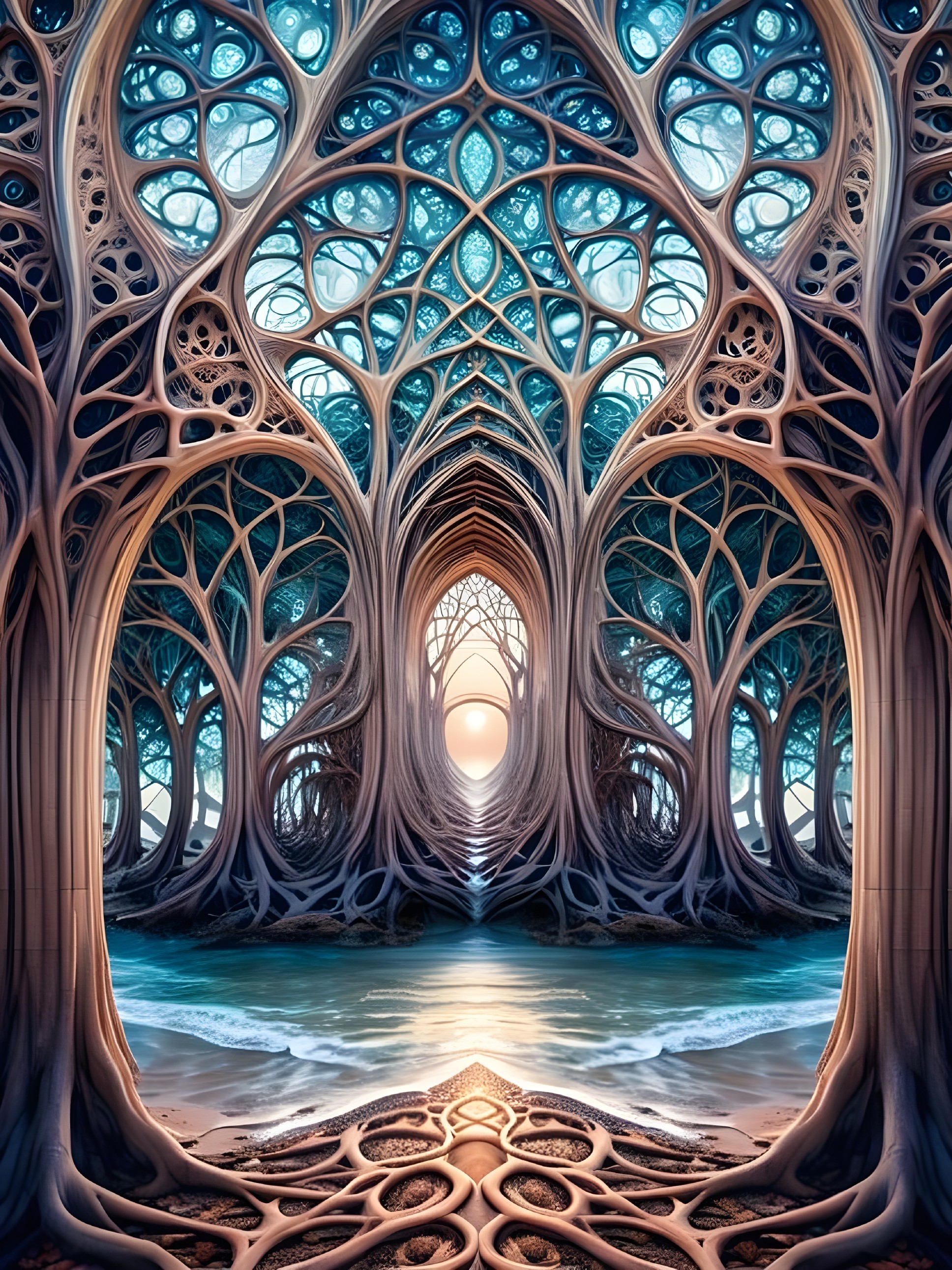 Surreal forest scene with towering patterned trees