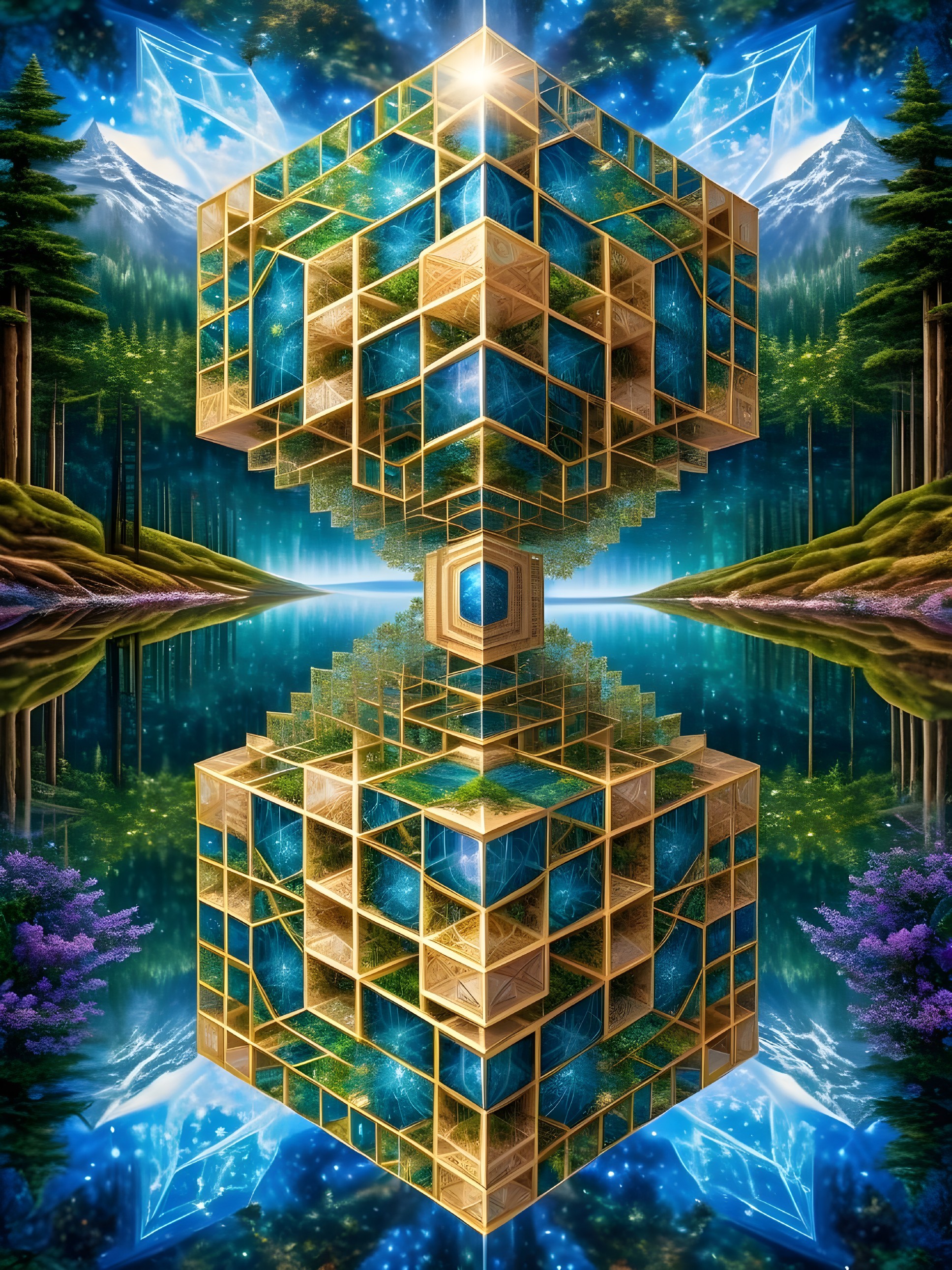 Surreal Landscape with Cube Over Reflective Lake