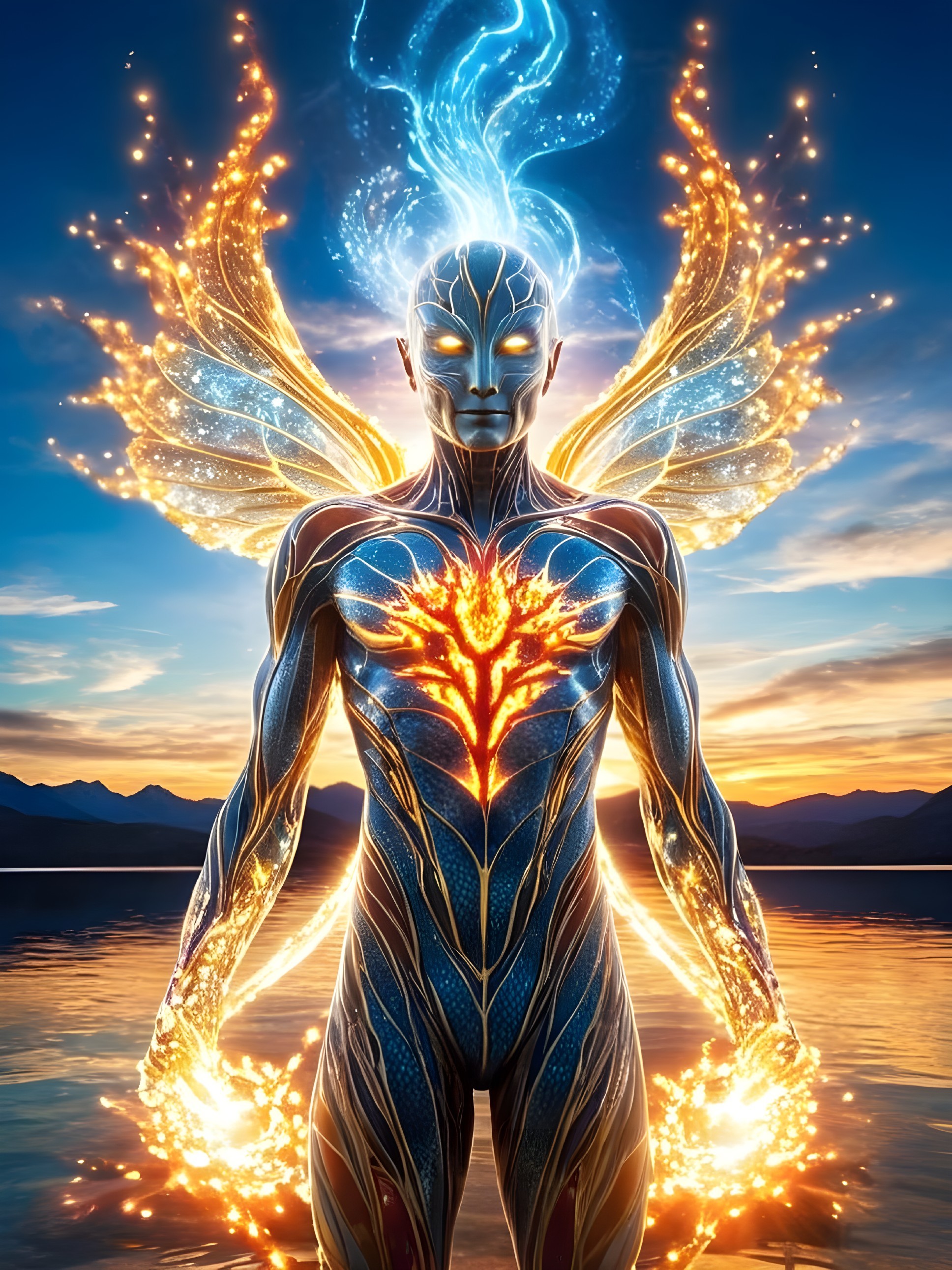 Mystical Figure with Wings at Sunset on Water's Edge