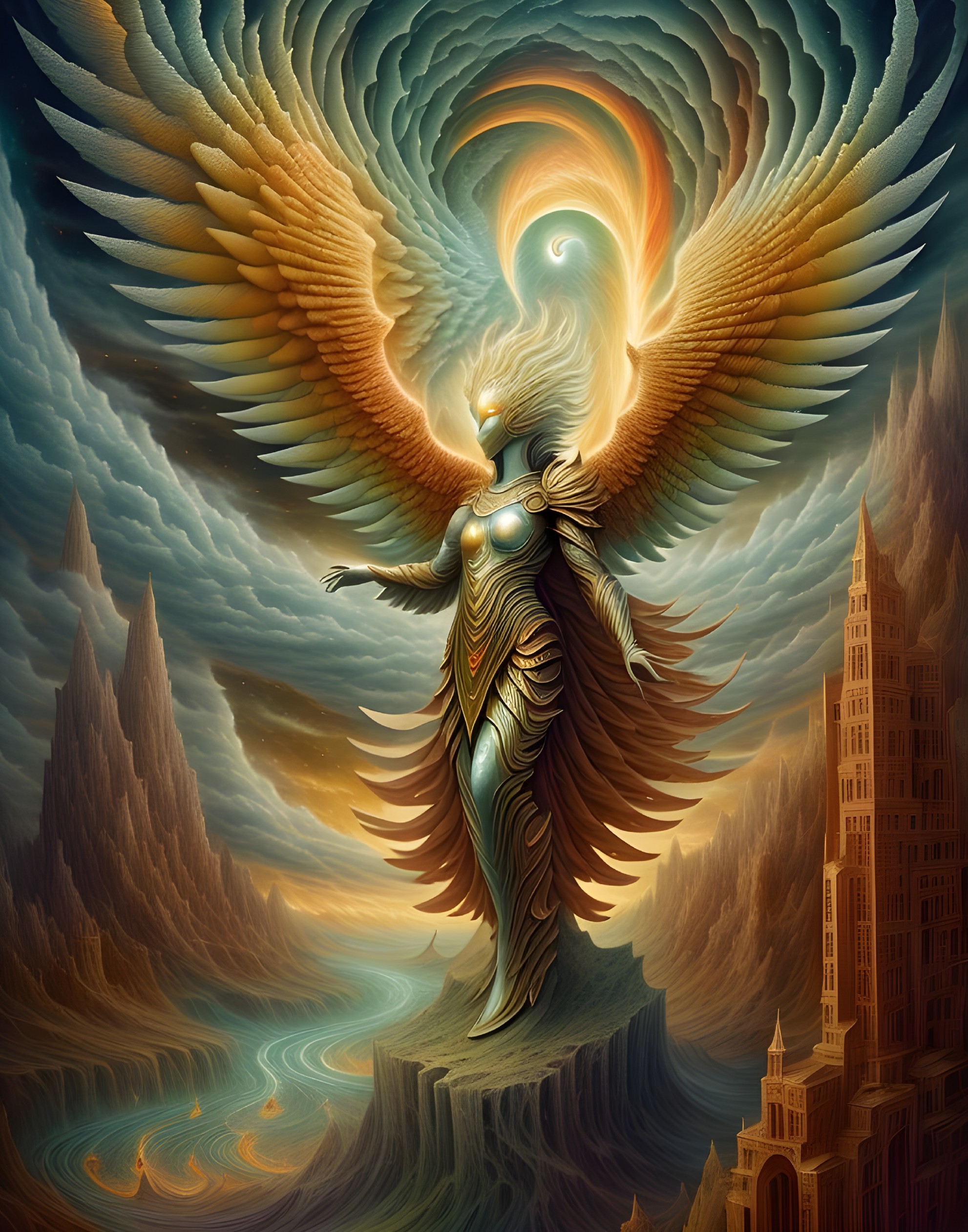 Majestic Winged Figure in Ethereal Landscape