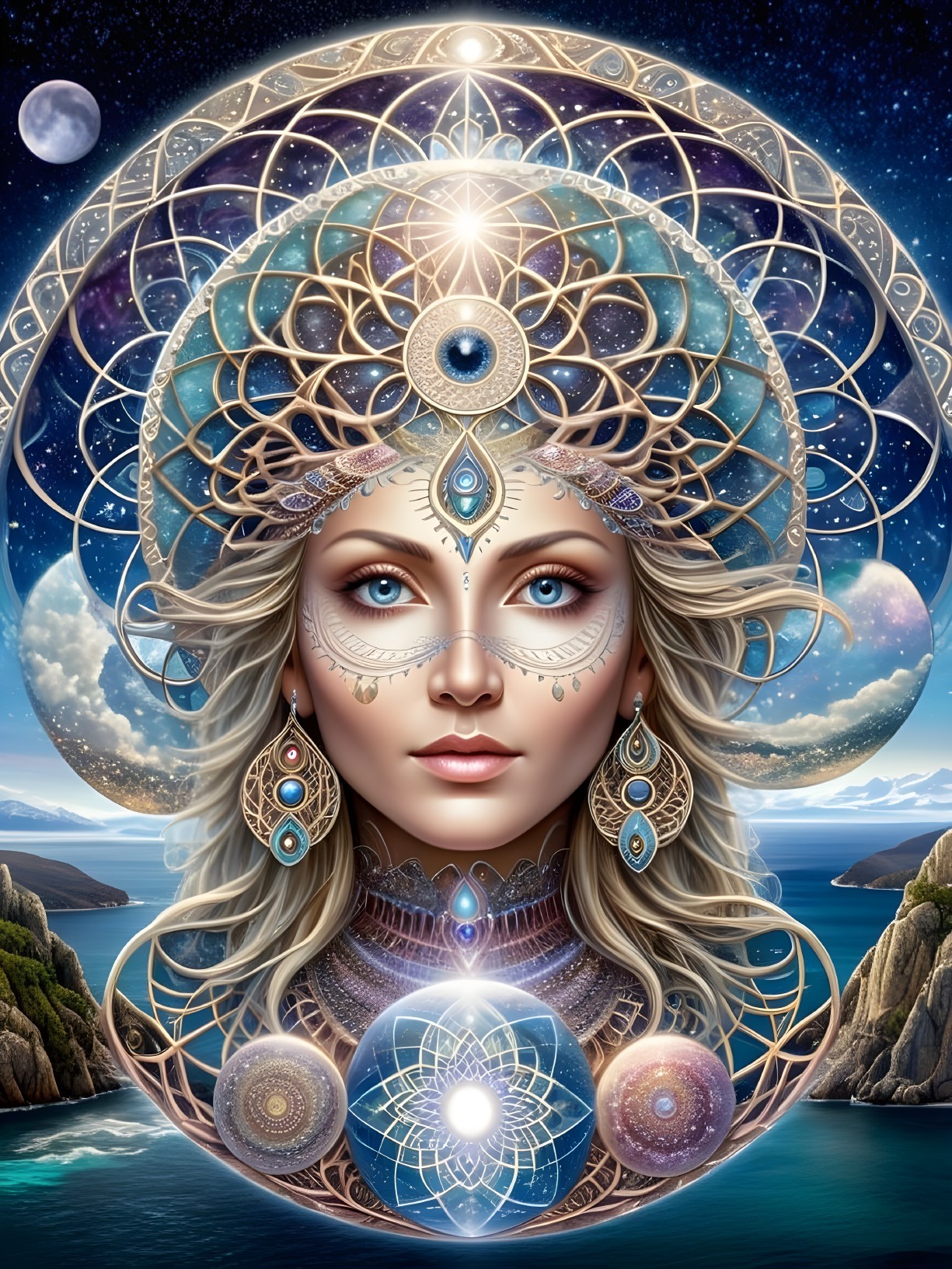 Mystical Woman Surrounded by Cosmic Elements and Patterns