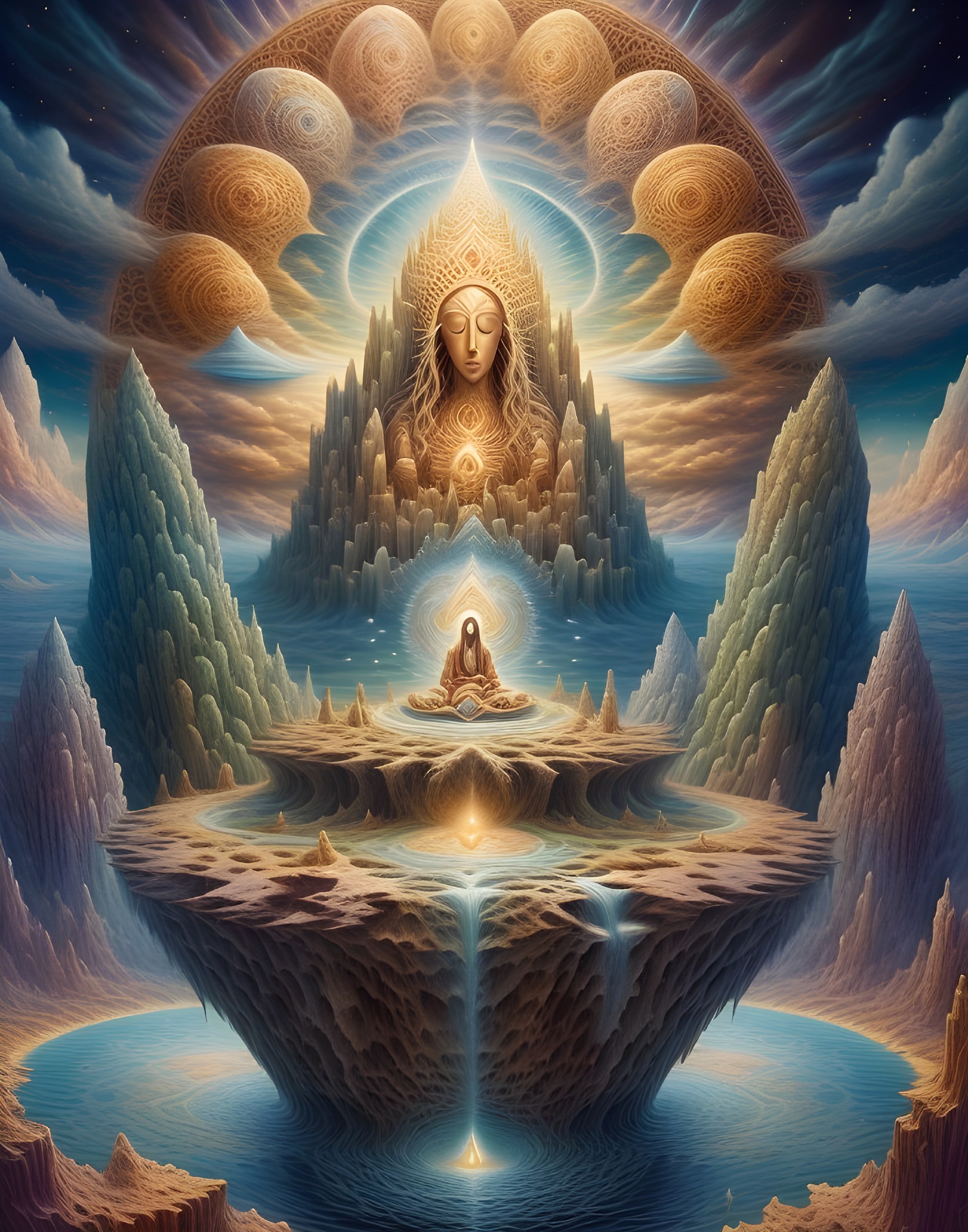 Serene Landscape with Meditative Figure and Mountains