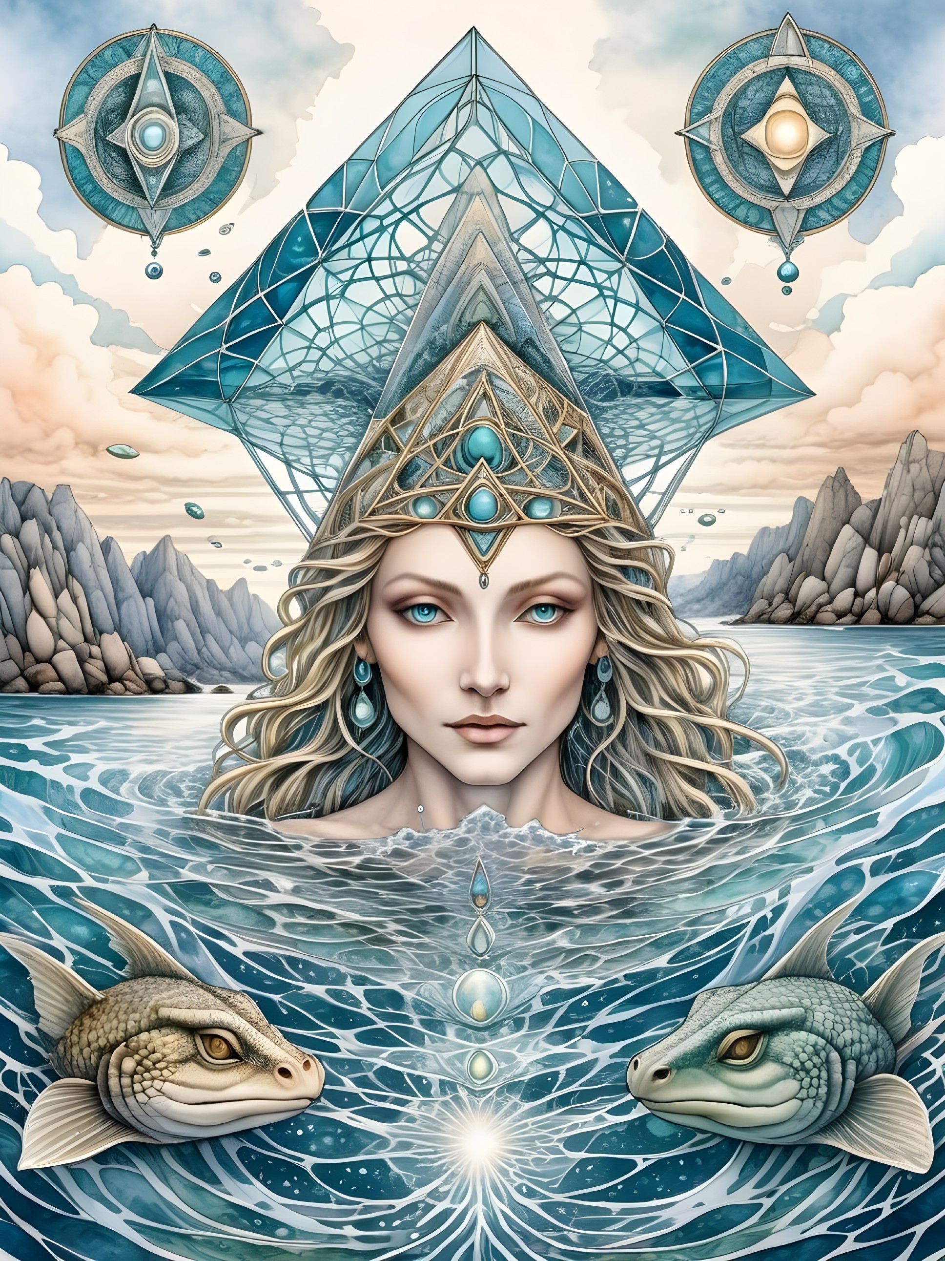 Serene water goddess with aquatic elements and symbols