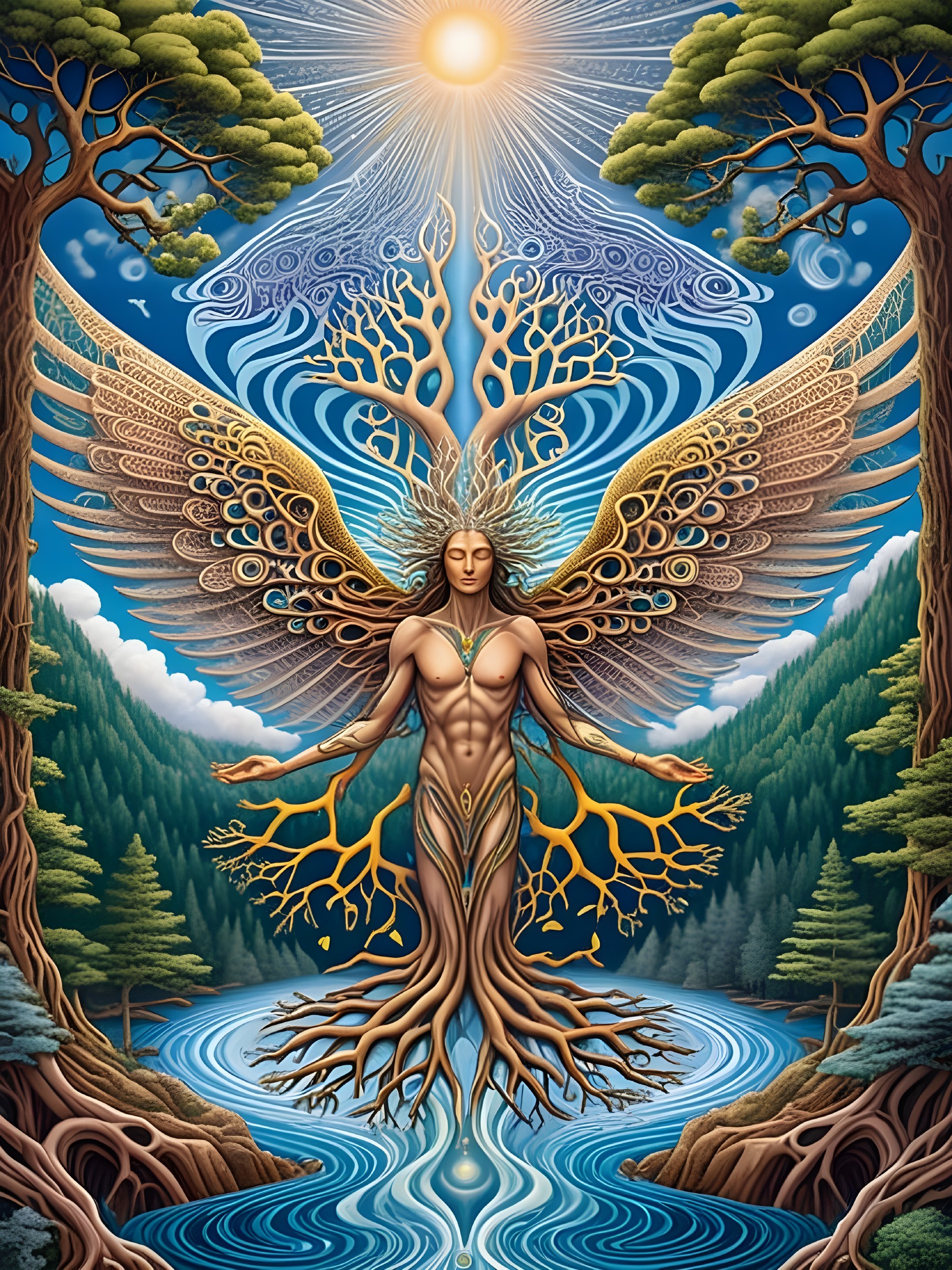 Mythical figure with tree-like wings in serene landscape