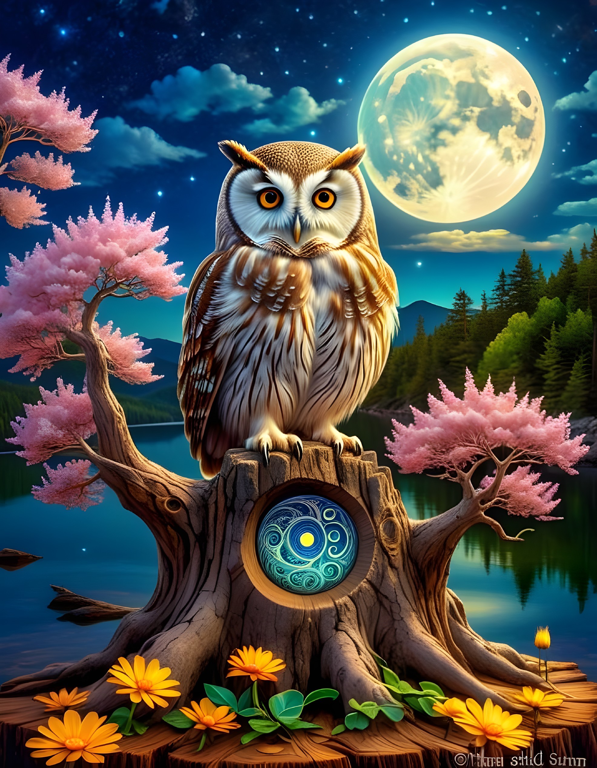 Majestic owl on tree stump with cherry blossoms and moon