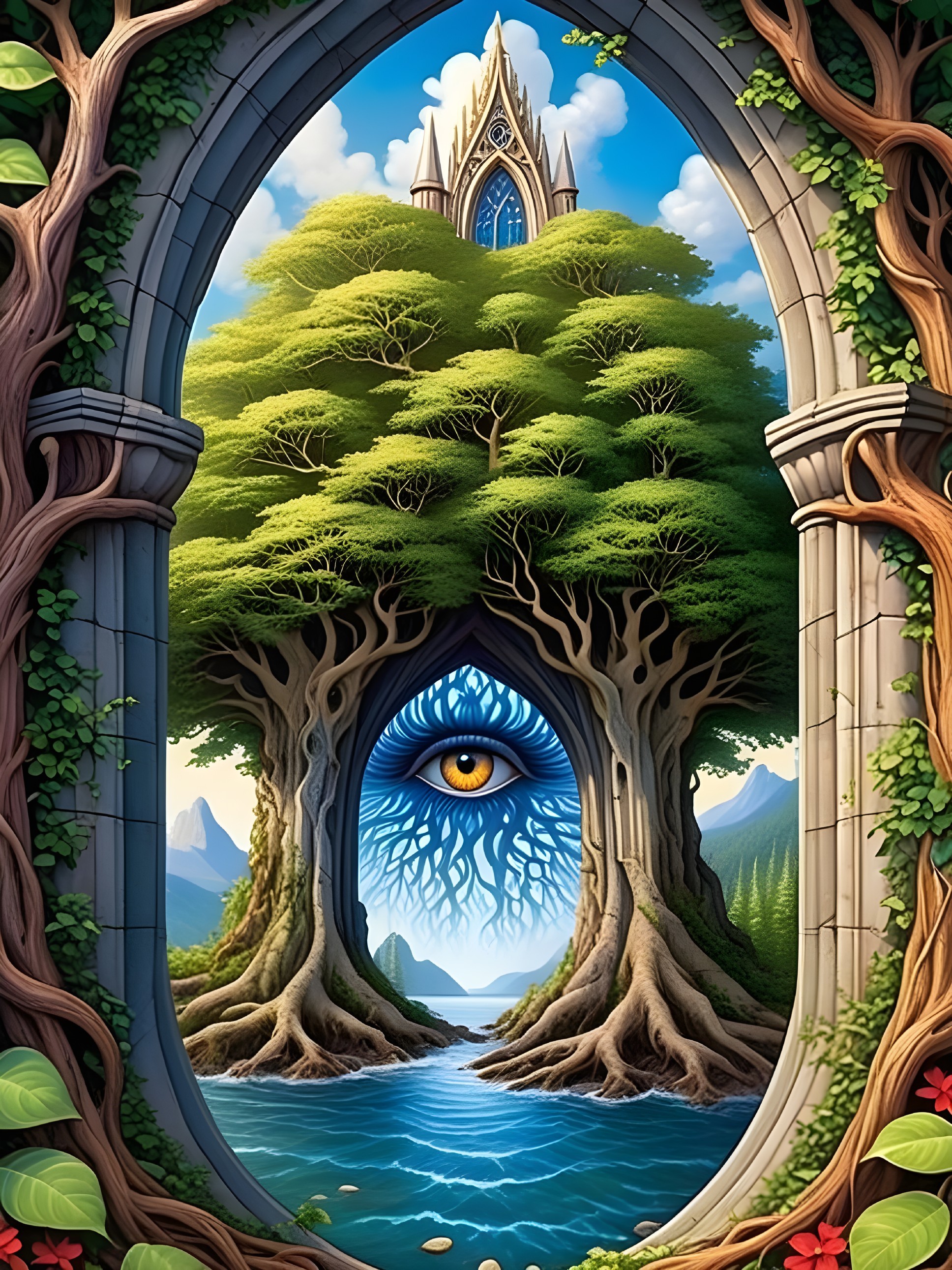Fantastical Landscape with Stone Arches and Mystical Eye