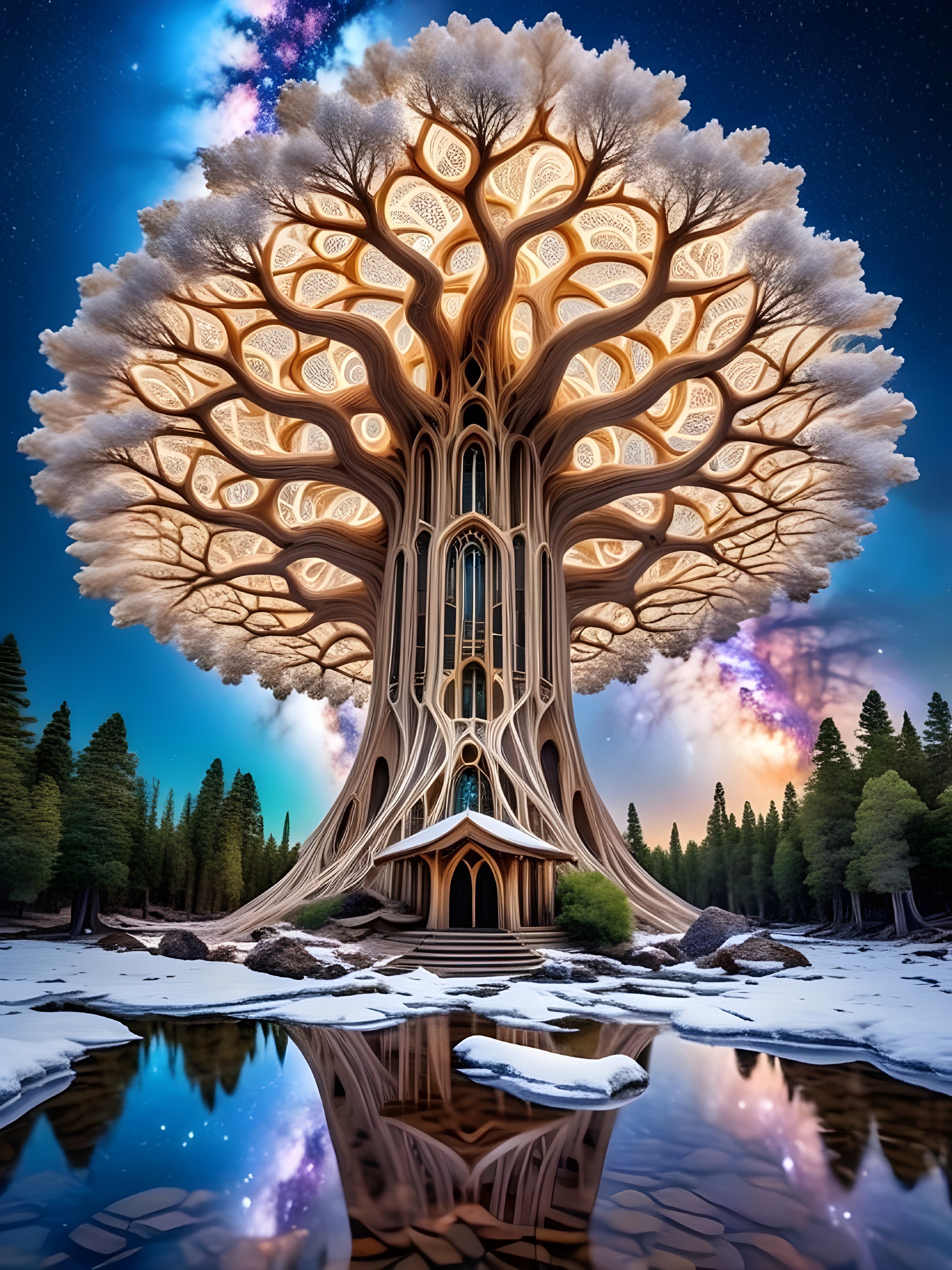 Majestic Tree with Cosmic Backdrop and Reflection