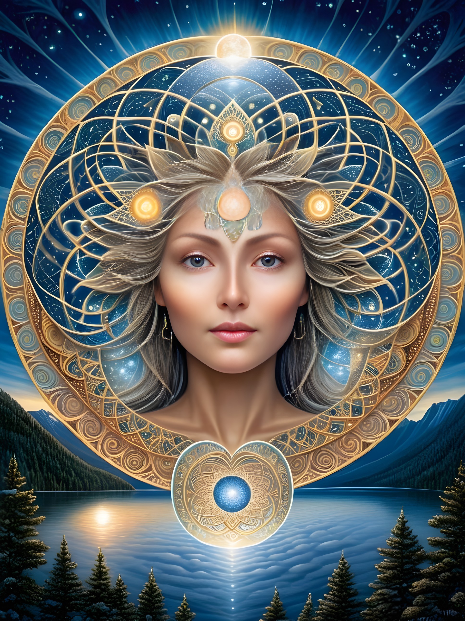 Serene Woman with Silver Hair and Cosmic Motifs