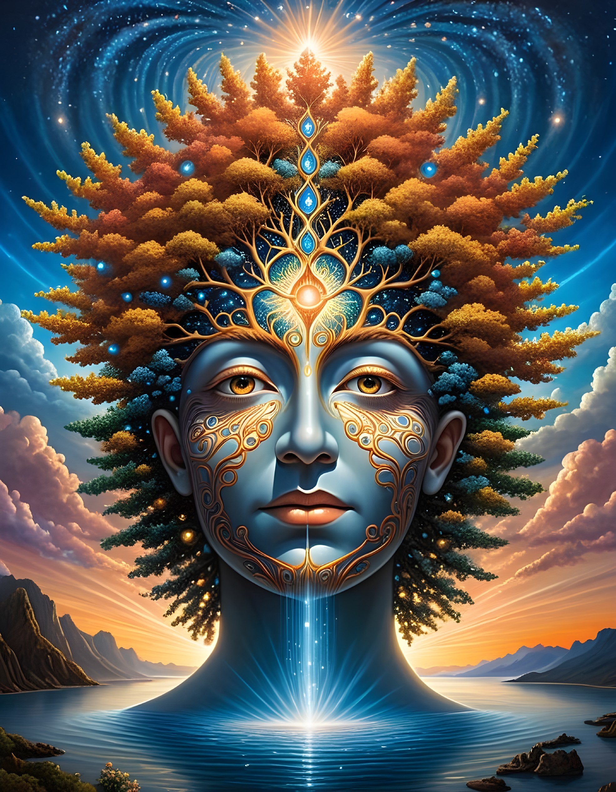 Serene Face and Vibrant Tree of Life in Cosmic Scene