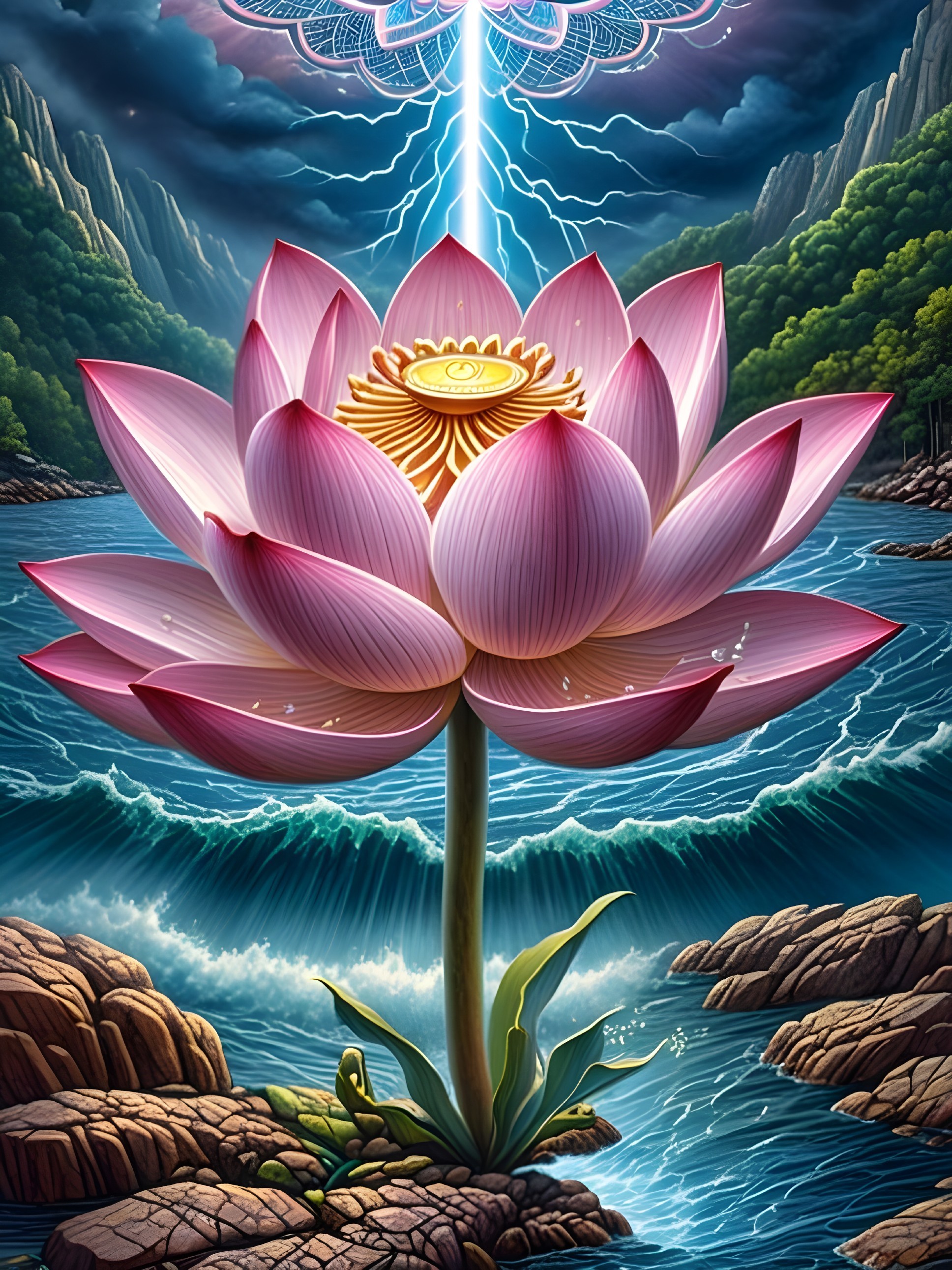 Vibrant Pink Lotus Flower Above Serene Water Scene