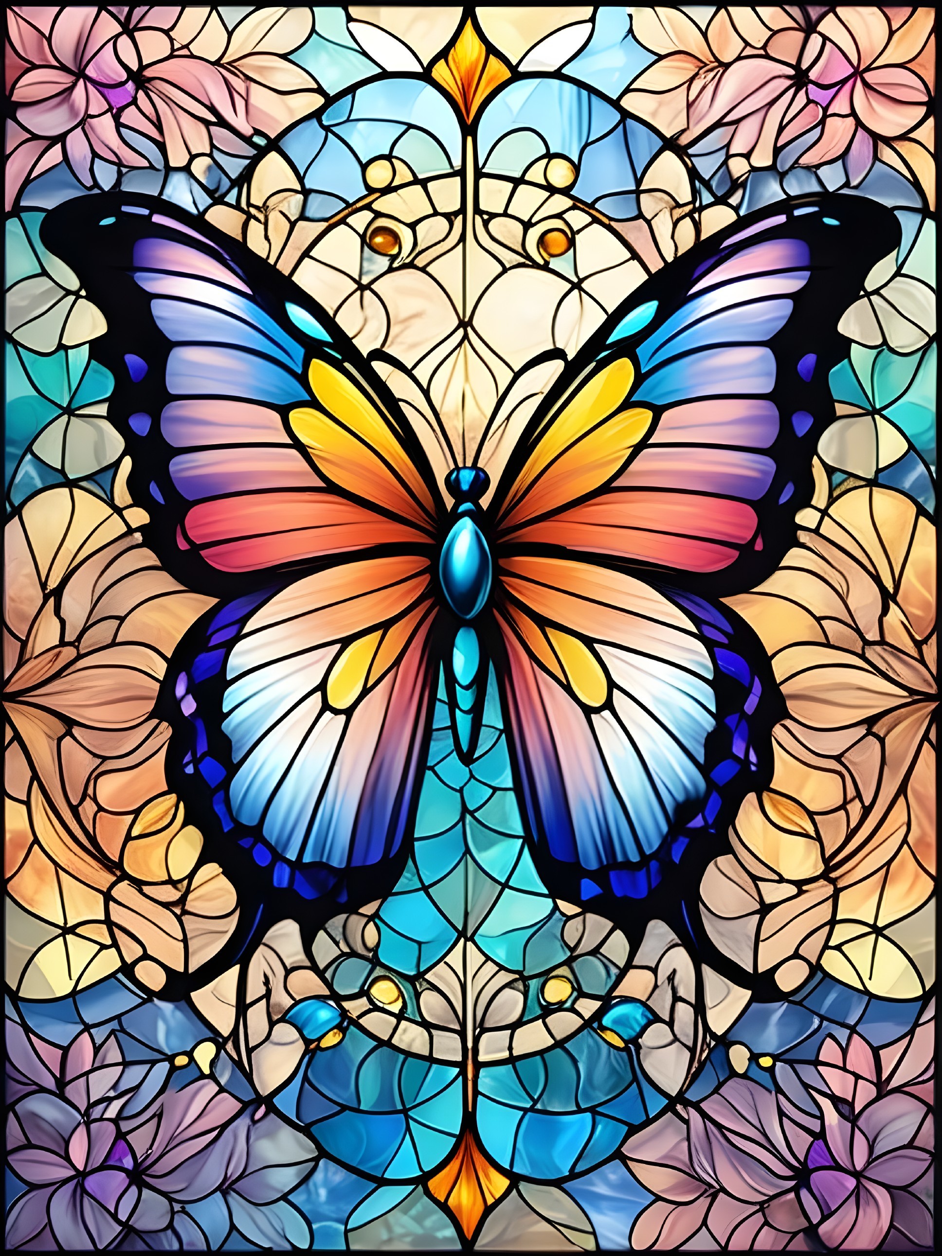 Vibrant Stained Glass Butterfly Design with Floral Elements