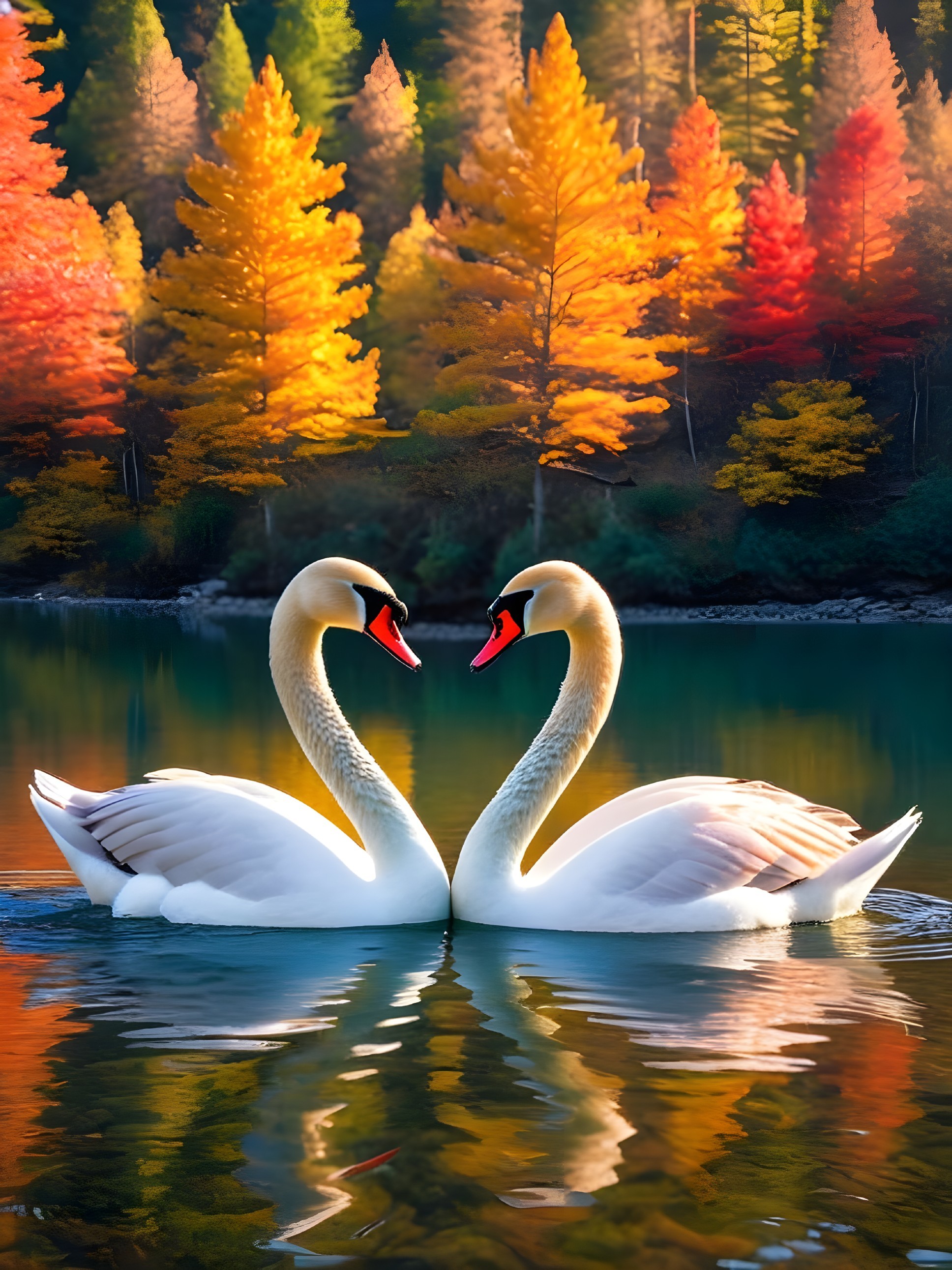Swans on a Tranquil Lake Surrounded by Autumn Foliage