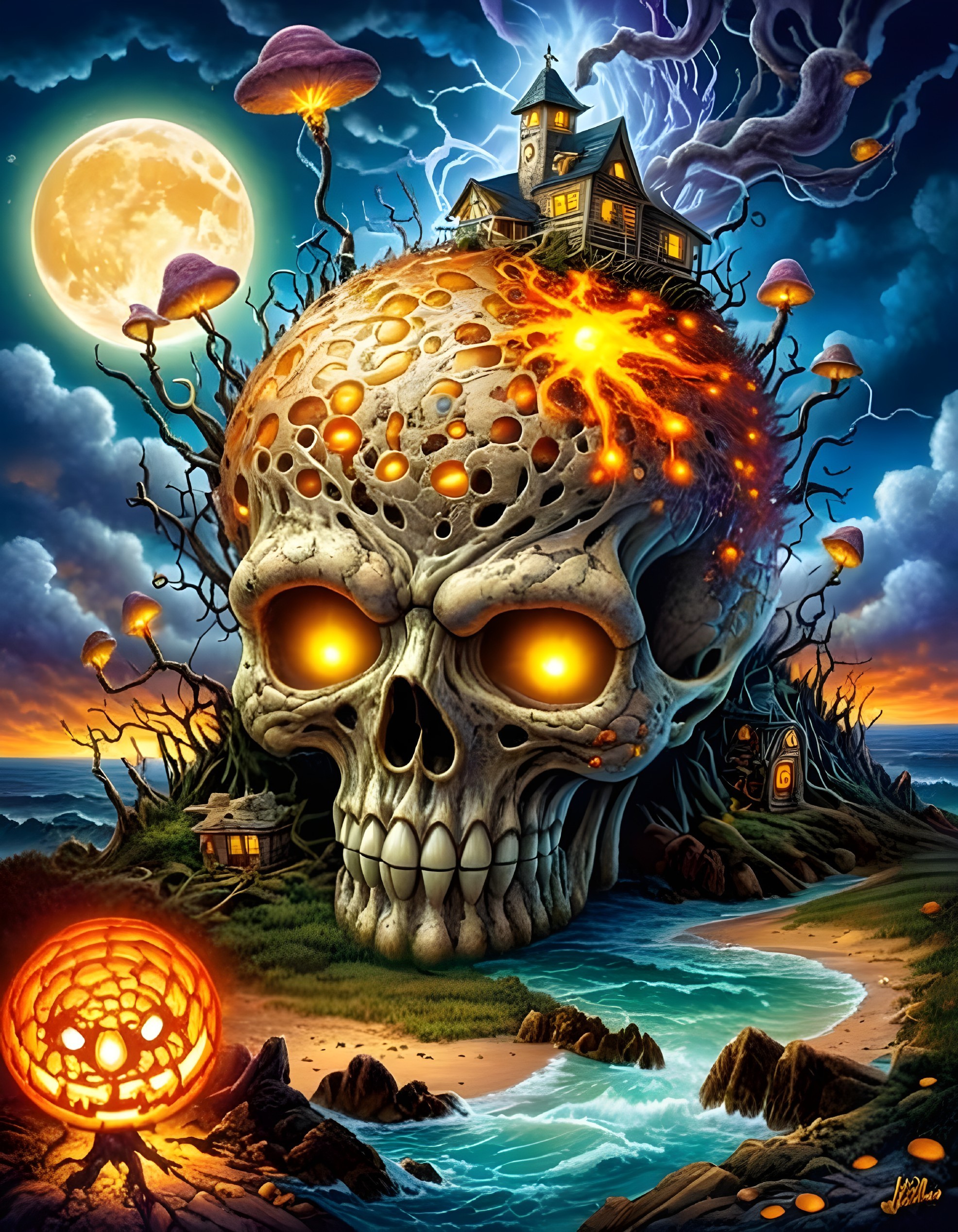 Surreal Scene with Massive Glowing Skull and House