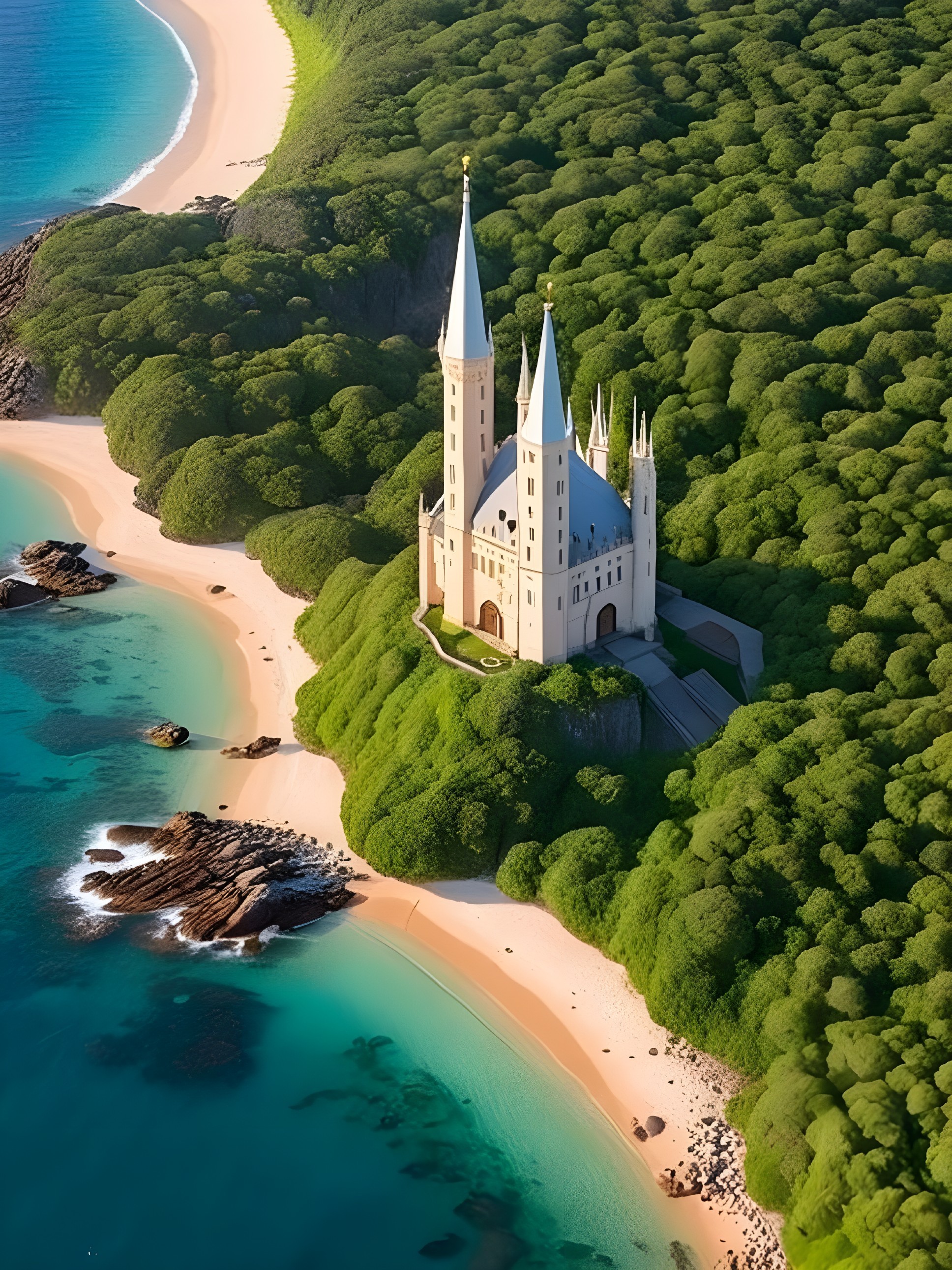 Majestic castle on hillside overlooking beach and waters