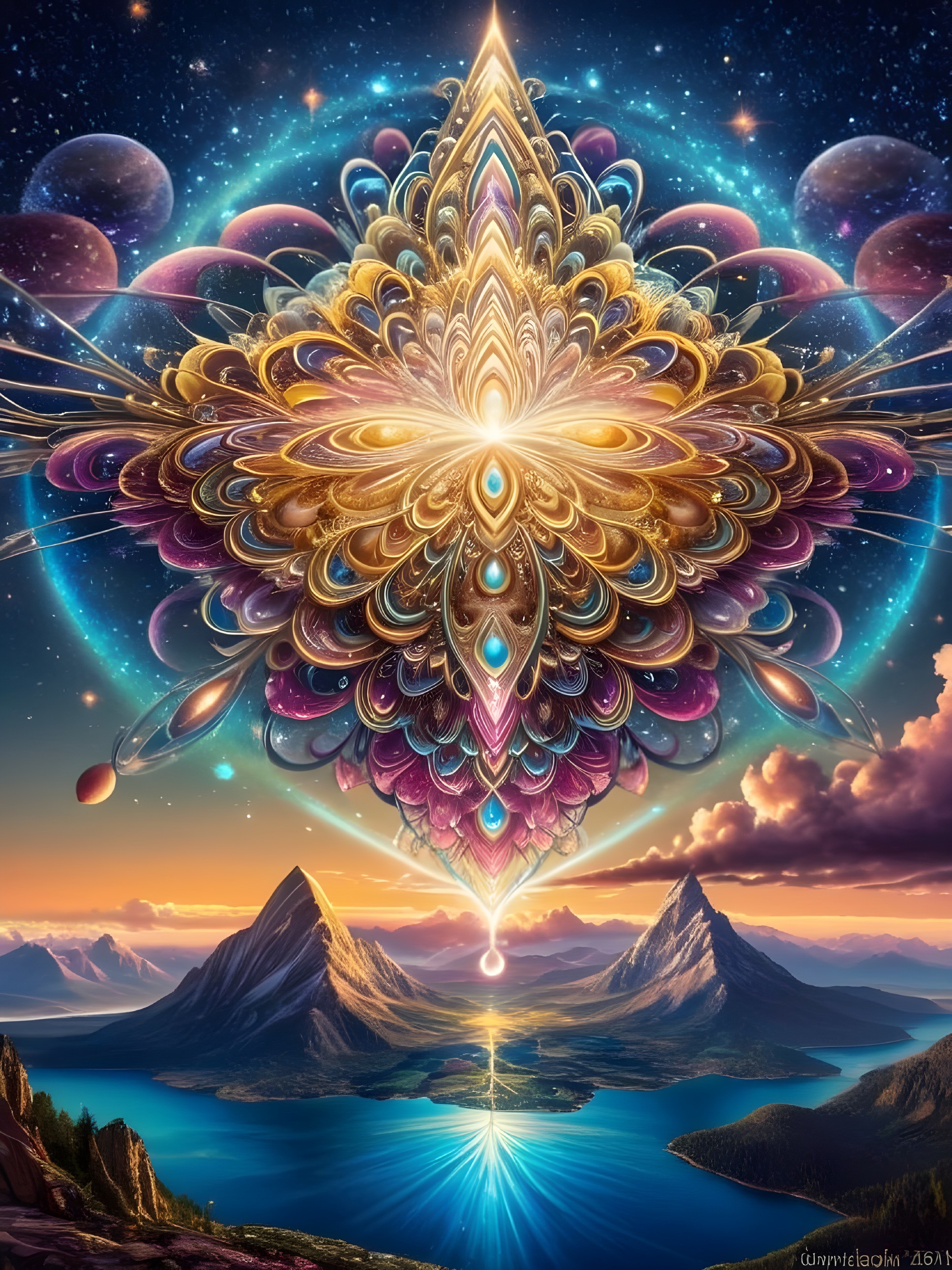 Vibrant Cosmic Scene with Butterfly Pattern and Mountains