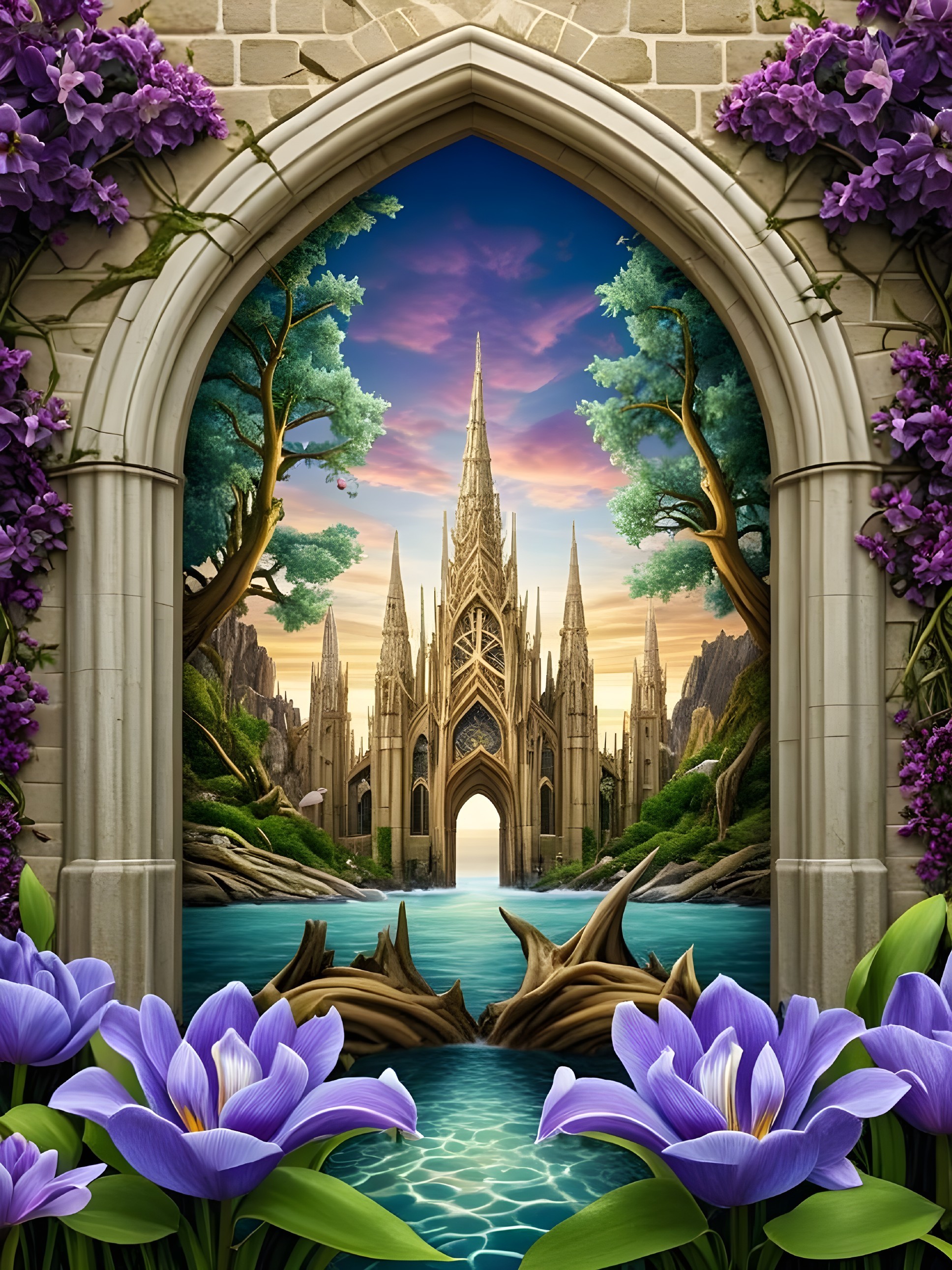 Gothic Castle by Water with Sunset and Flowers