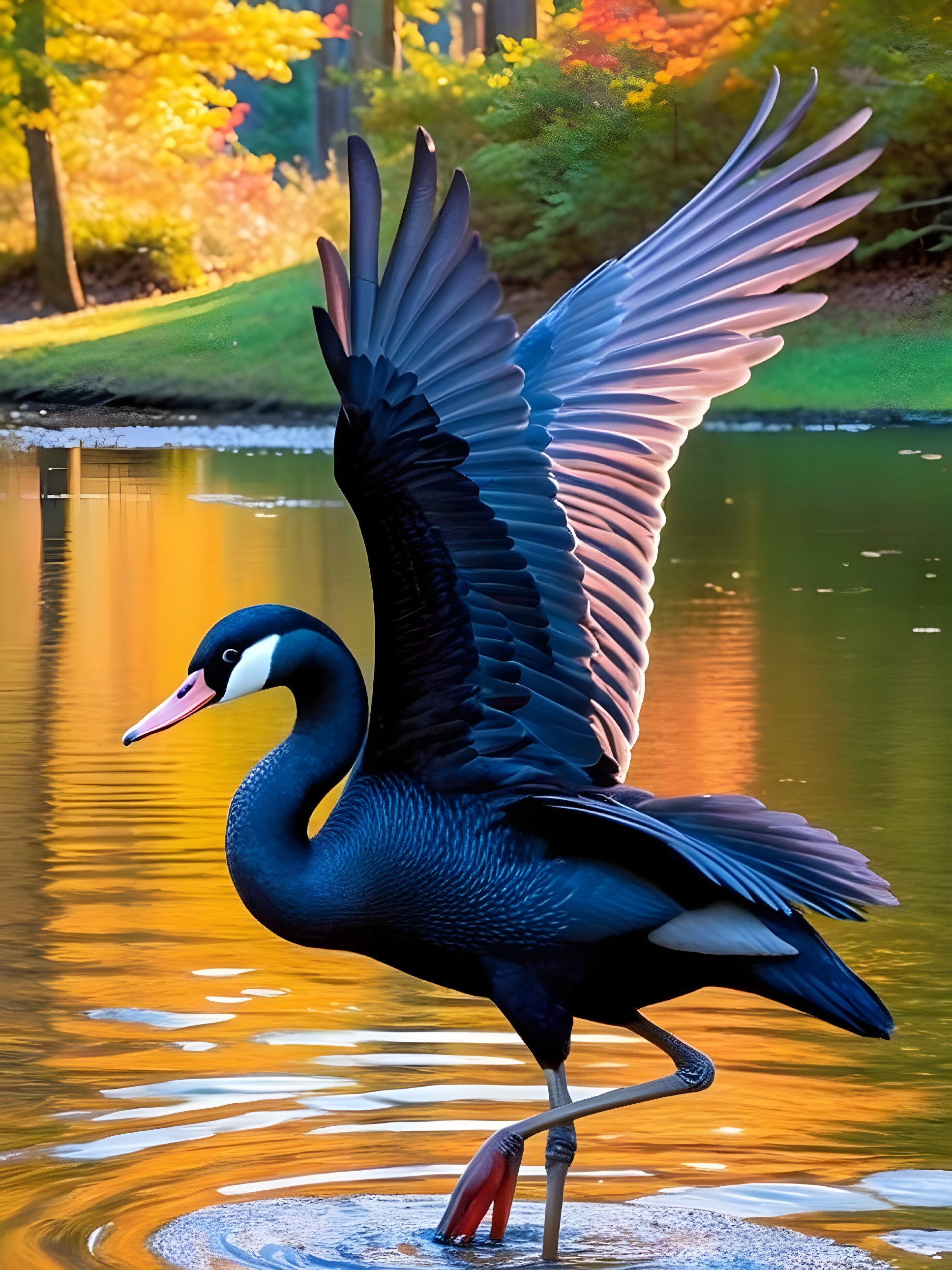 Black Swan in Tranquil Waters with Autumn Foliage