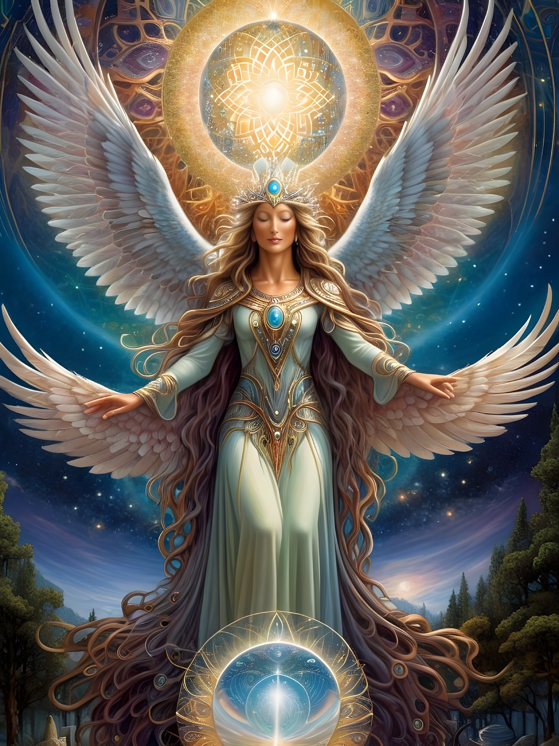 Majestic figure with wings in cosmic backdrop