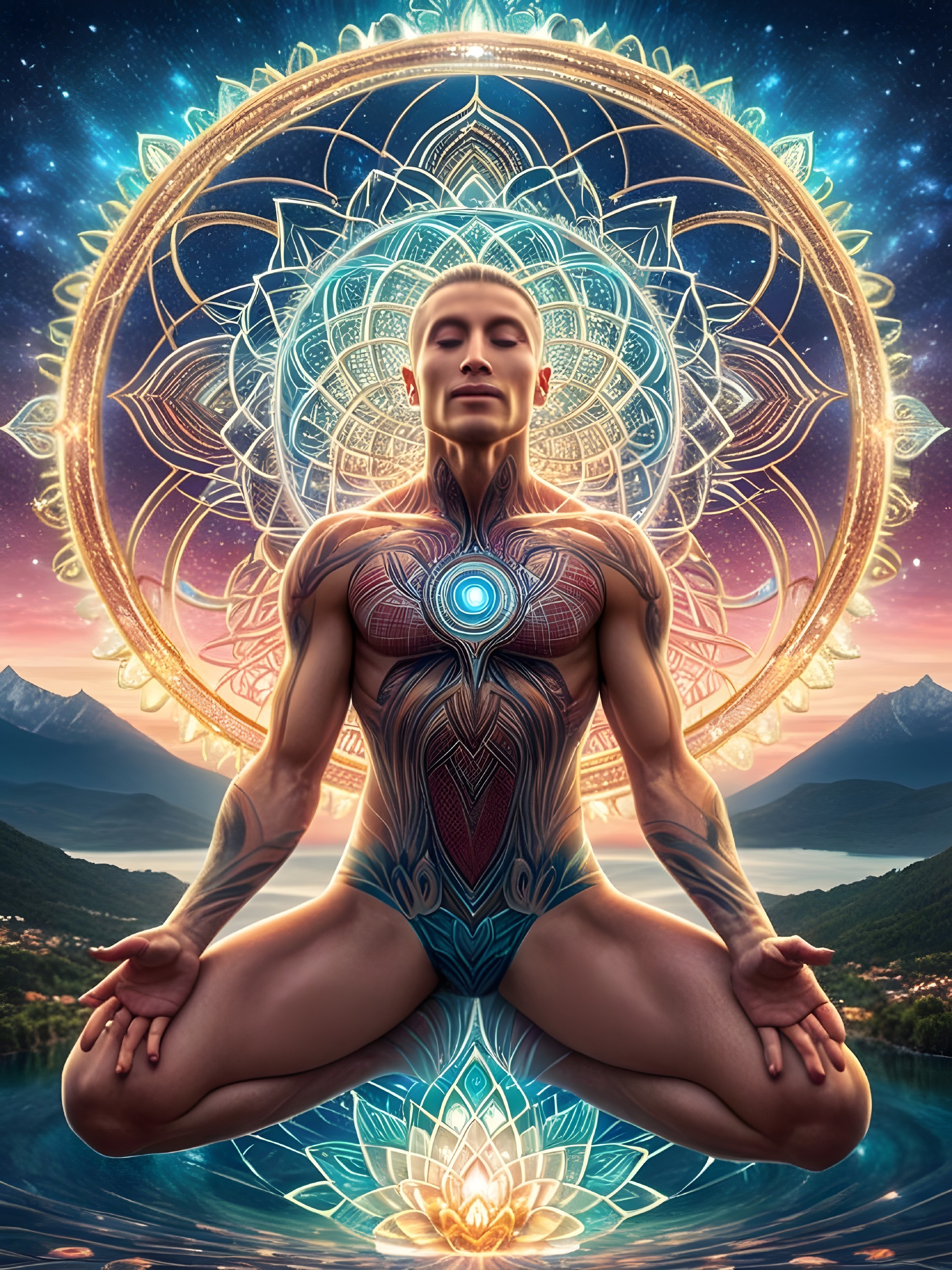 Meditative Figure Levitating in Tranquil Landscape