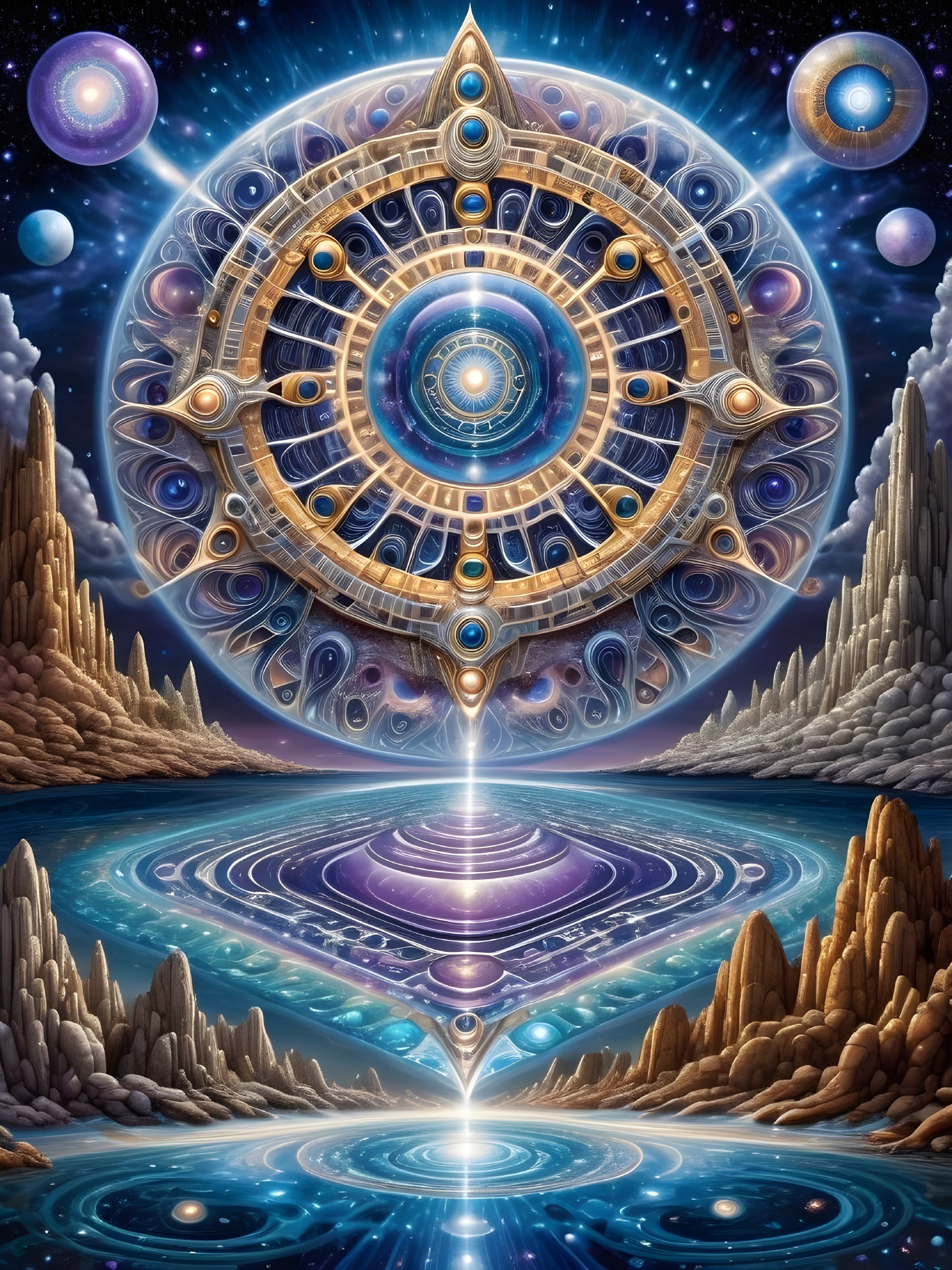 Cosmic Mandala Surrounded by Ethereal Landscapes