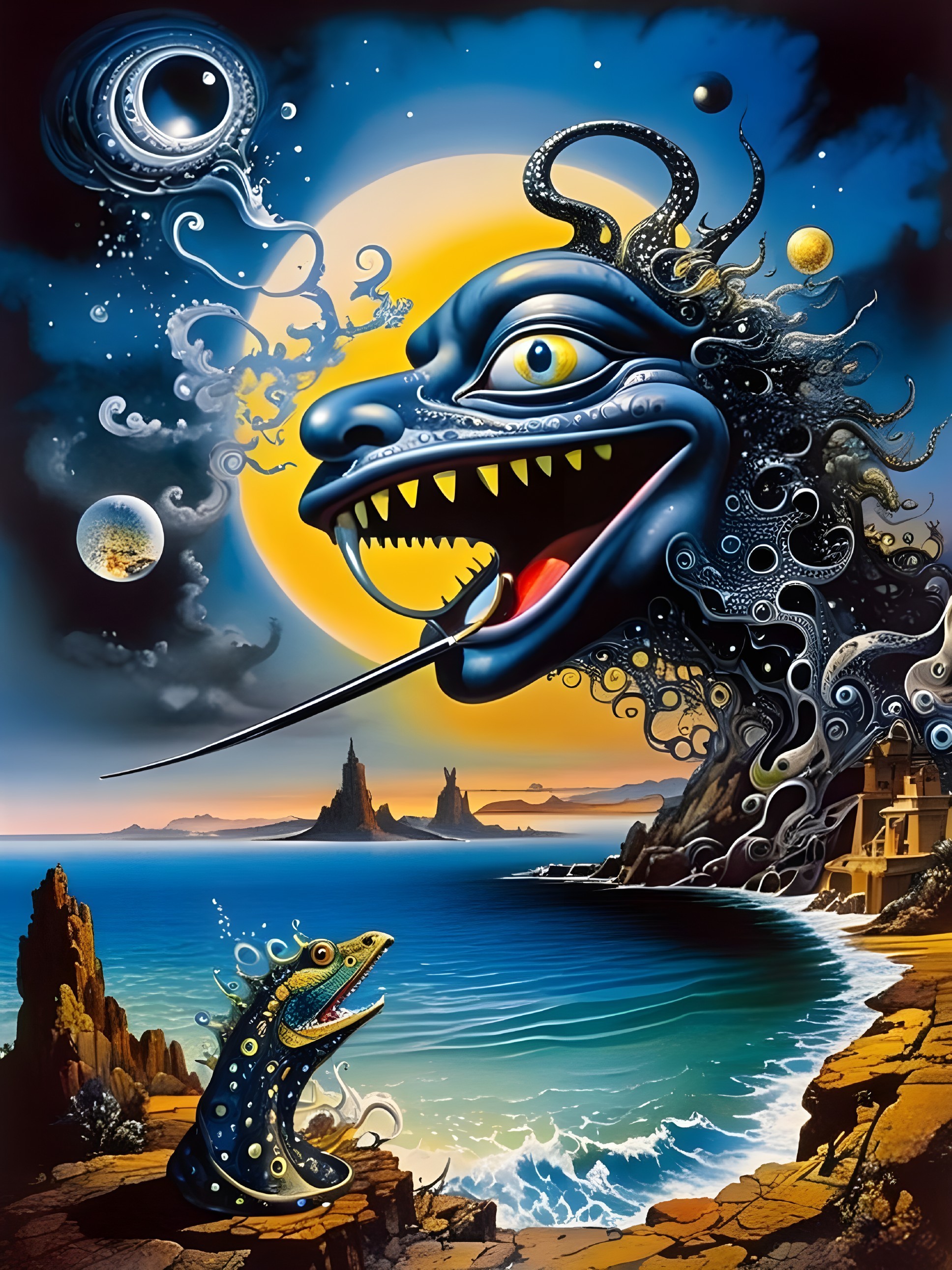 Surreal Vibrant Landscape with Fantastical Creatures