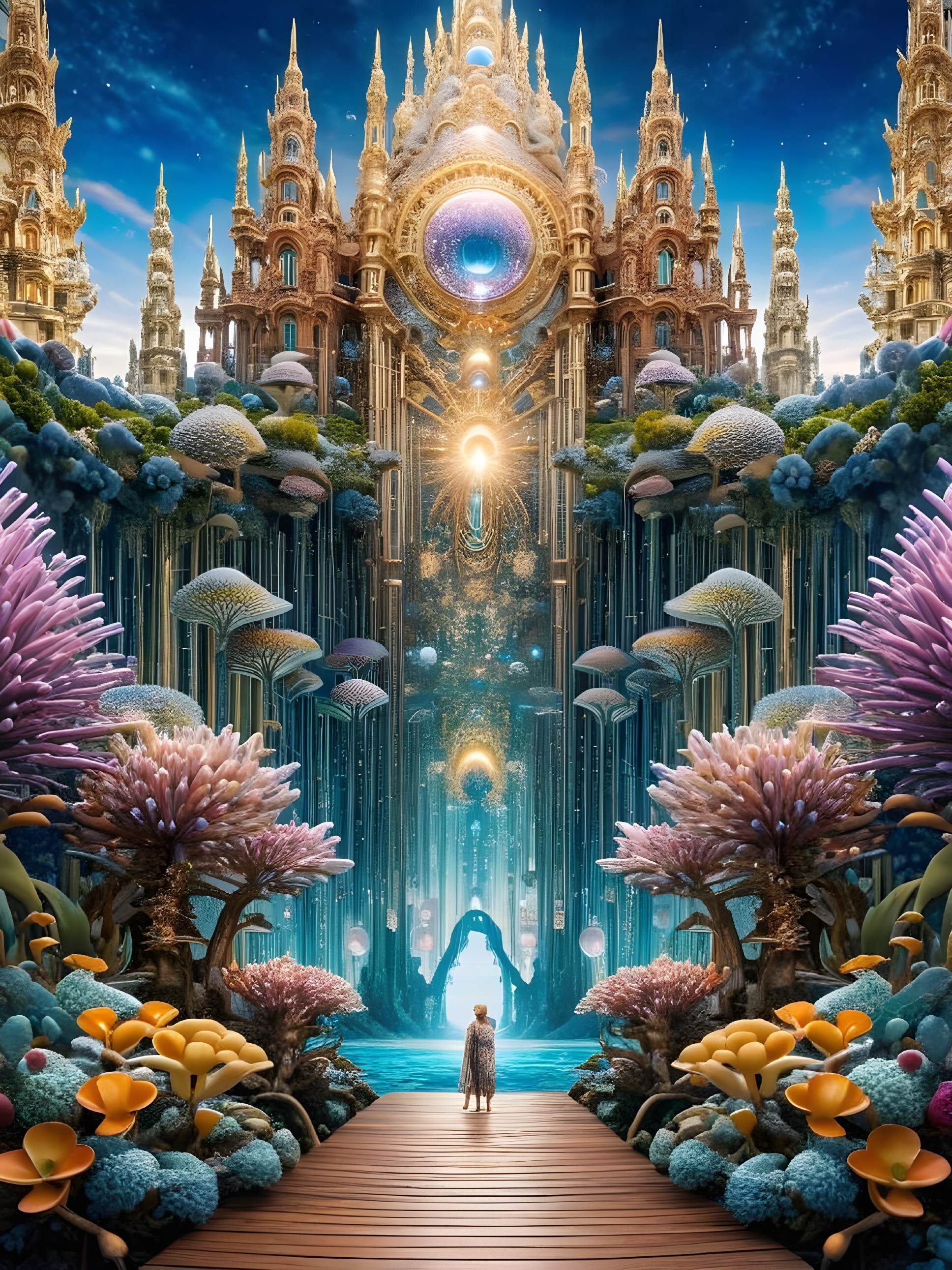 Surreal Landscape with Majestic Castle and Flora