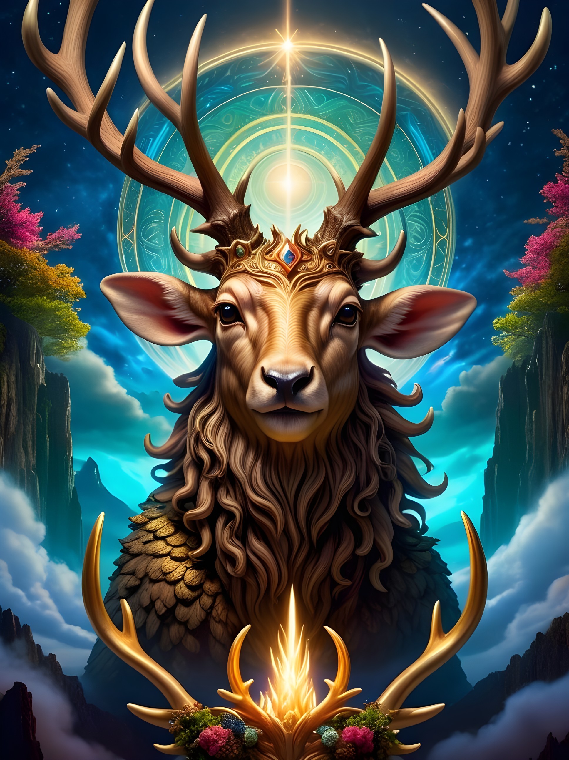 Majestic stag with crown in mystical landscape