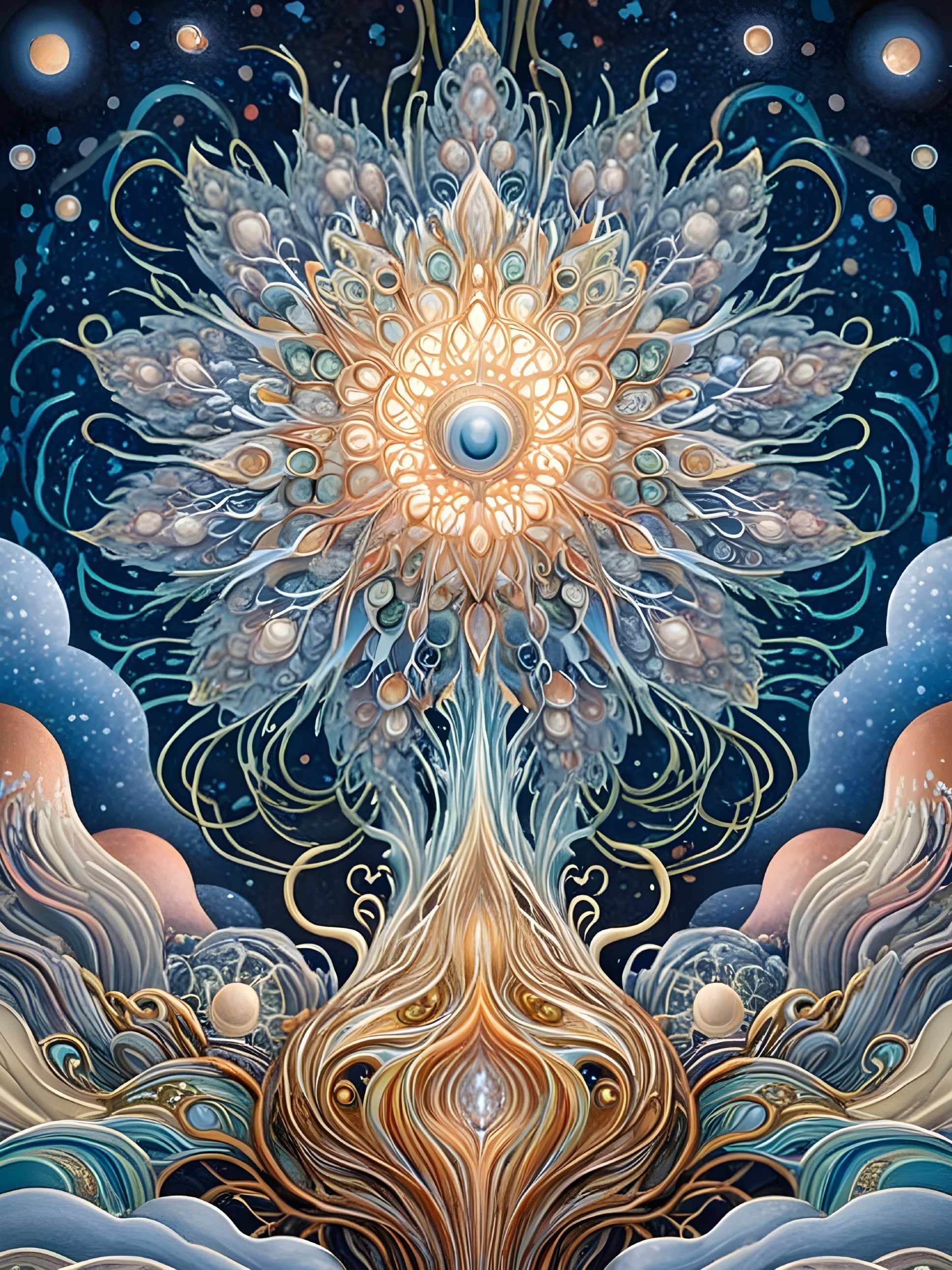 Intricate Ethereal Mandala Design in Cosmic Night Sky