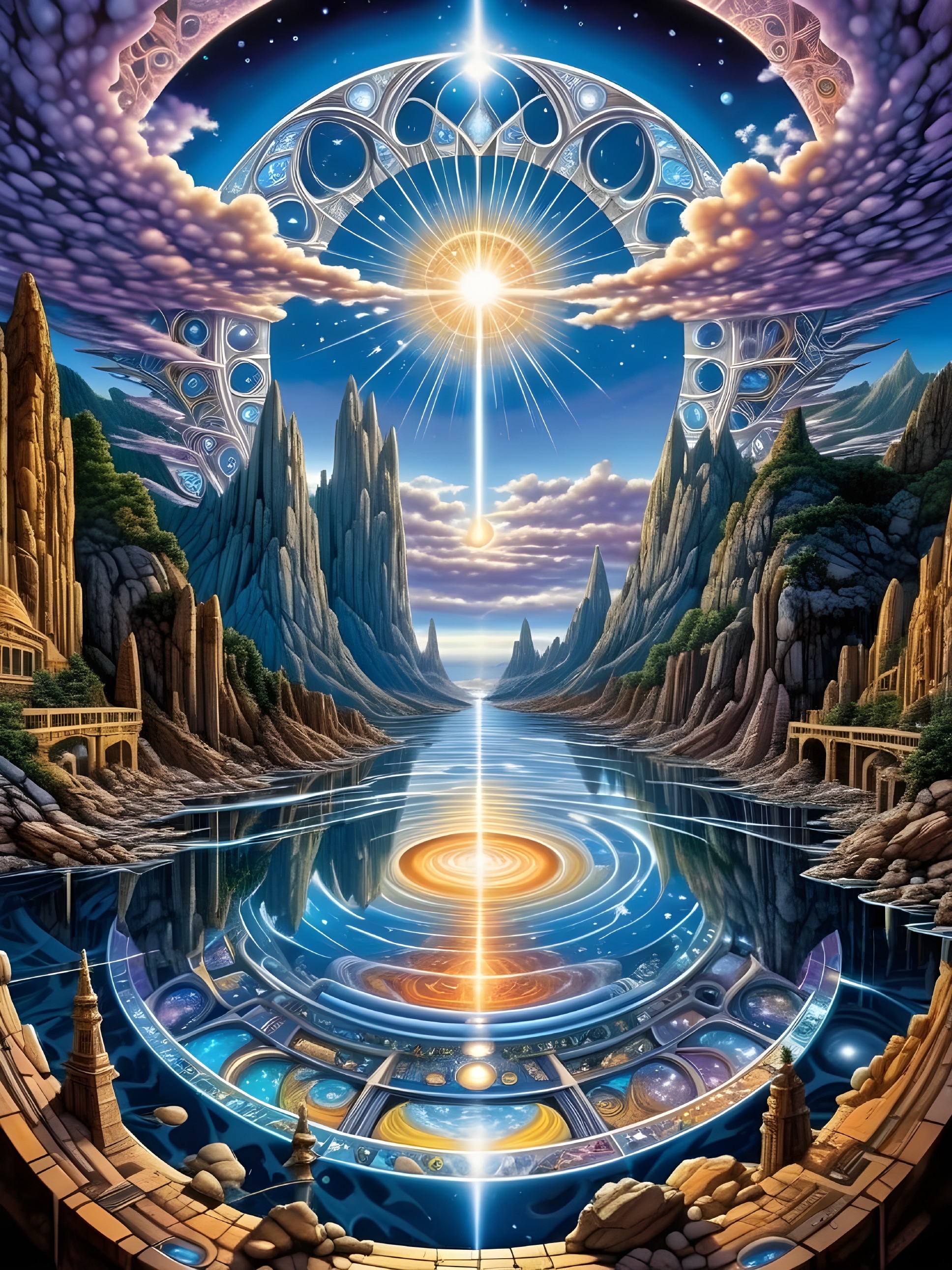 Cosmic Landscape with Rock Formations and Lake