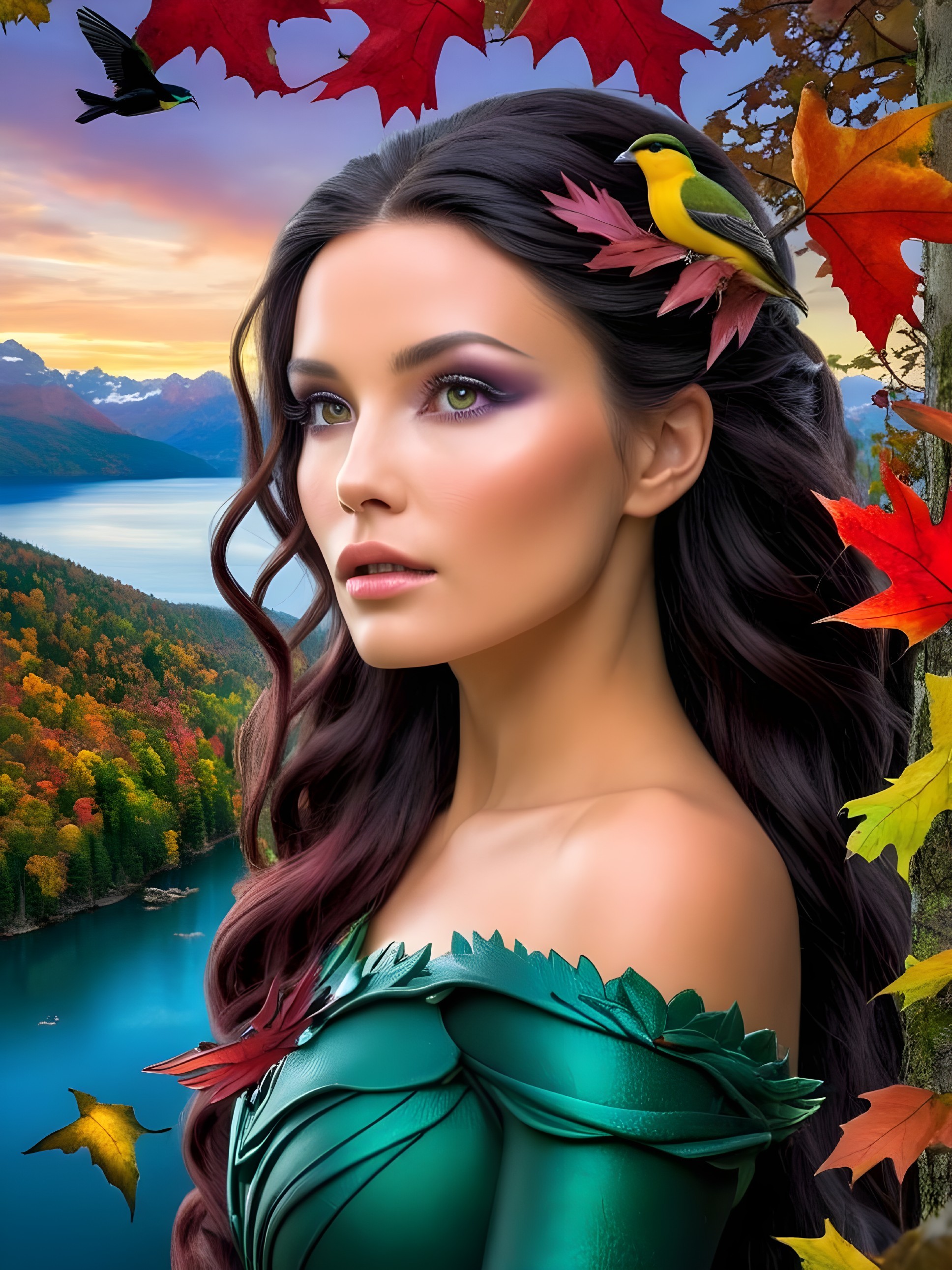 Serene Woman in Nature with Autumn Foliage and Lake