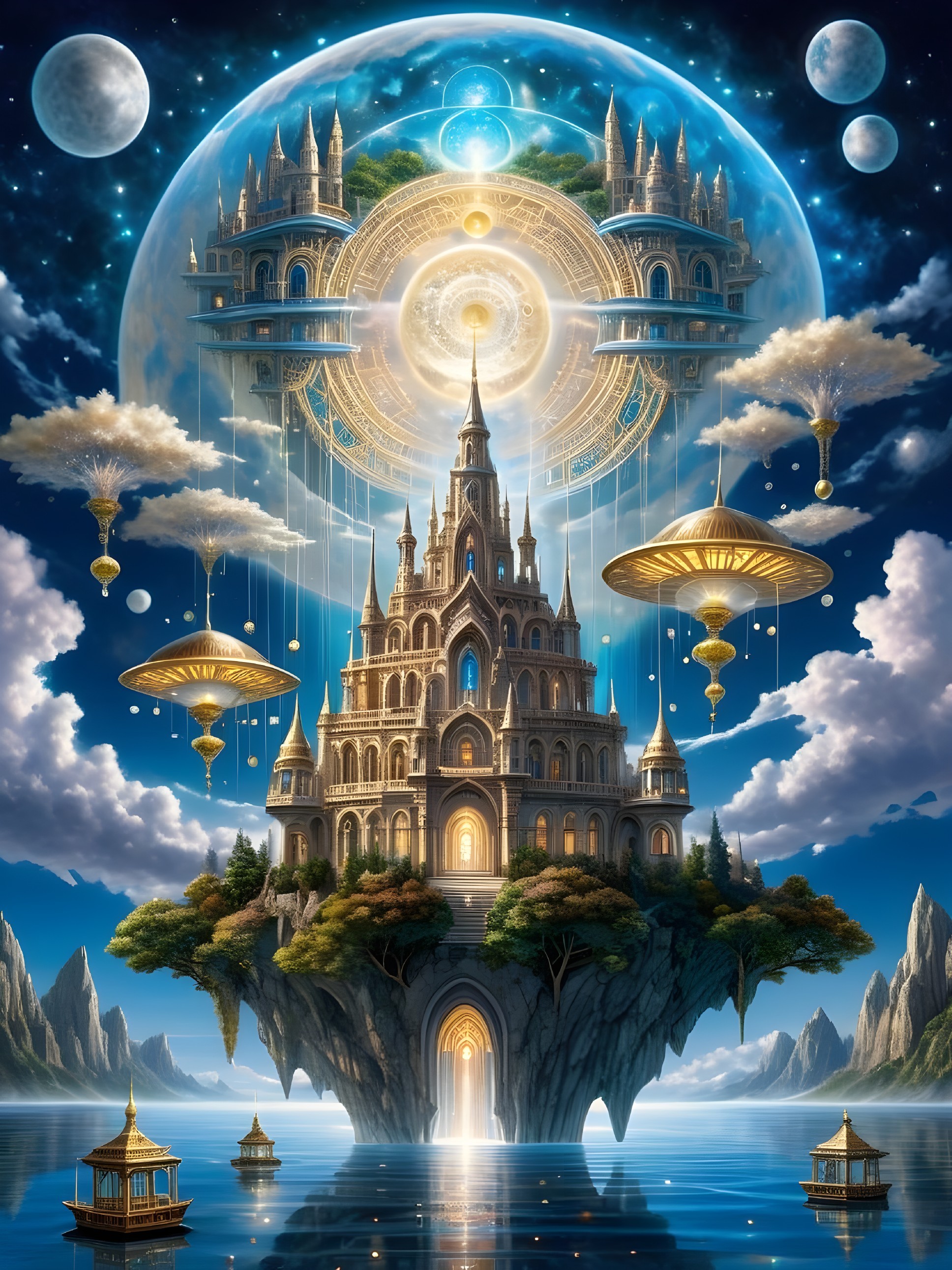 Majestic Floating Castle Surrounded by Celestial Orbs