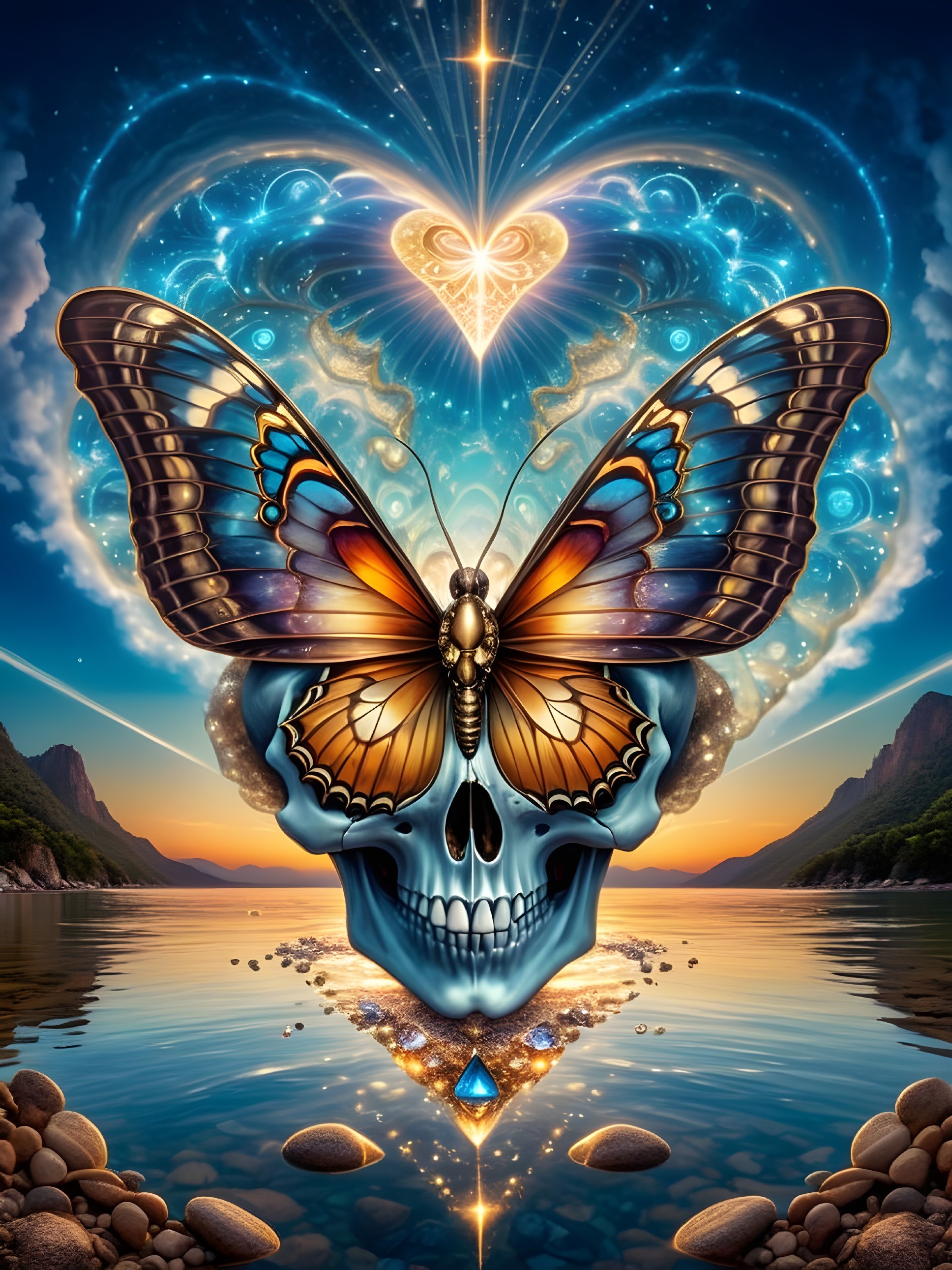 Surreal Scene with Skull, Butterfly, and Twilight Lake