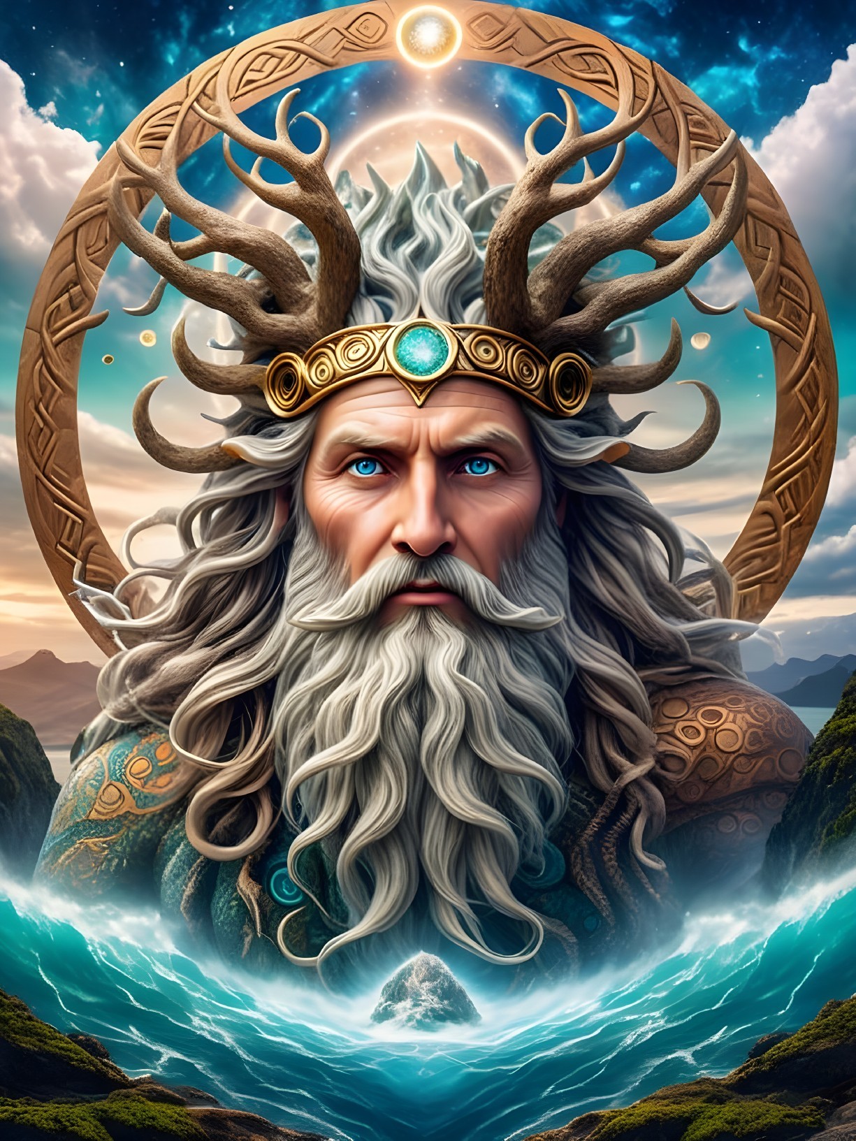 Majestic Bearded Figure with Antlers and Ethereal Elements